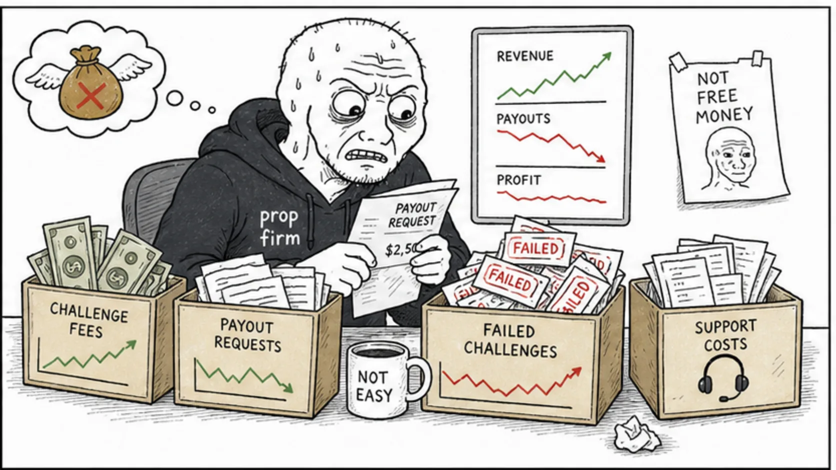 The Business Model: How Prop Firms Actually Make Money meme explaining prop firm industry changes, startup costs, glossary terms, and trading rules