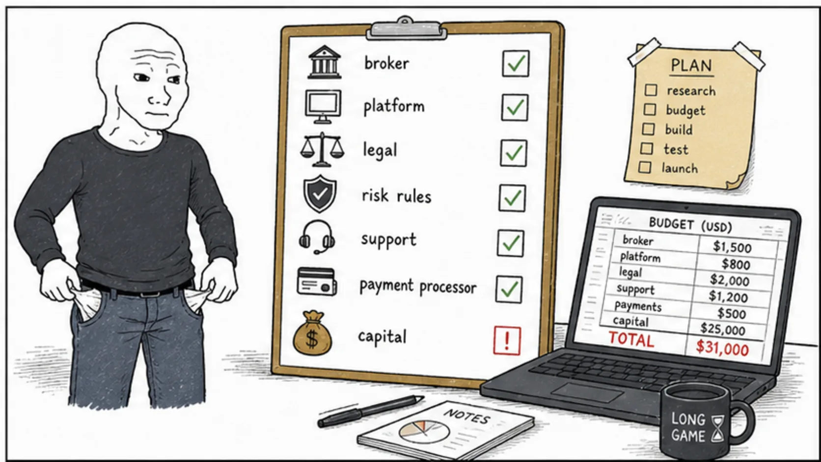 What You Need Before You Start meme explaining prop firm industry changes, startup costs, glossary terms, and trading rules