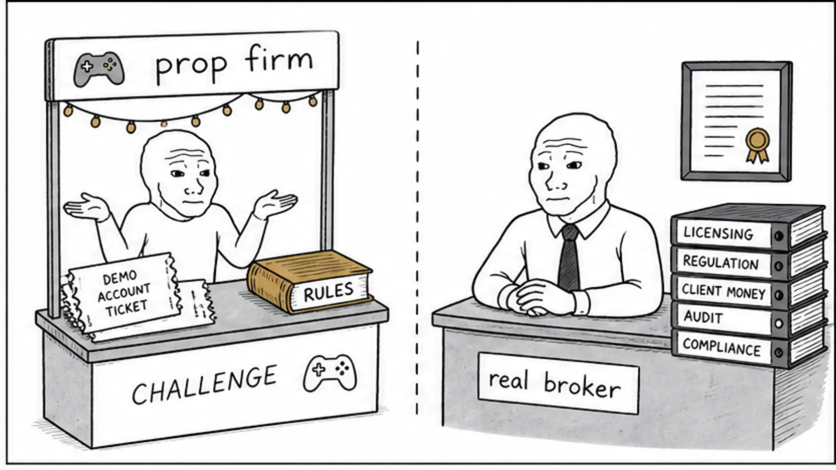 What Retail Prop Firms Actually Are From a Legal Standpoint meme explaining prop firm legality, payouts, and red flags