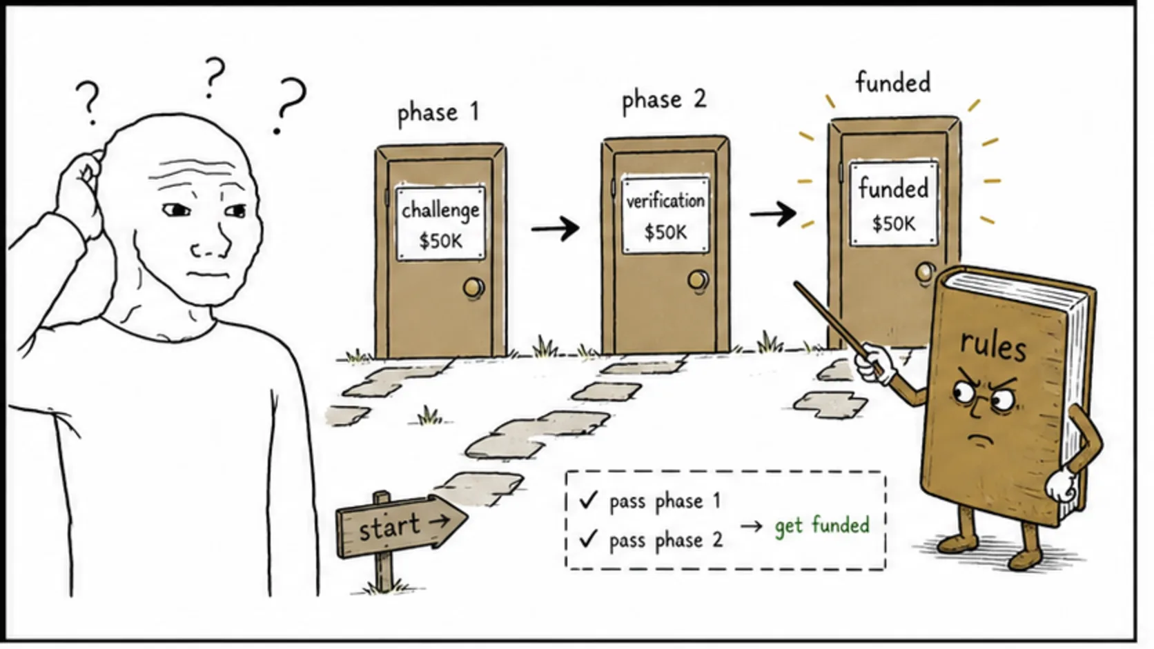 Account Types and Phases meme explaining prop firm industry changes, startup costs, glossary terms, and trading rules