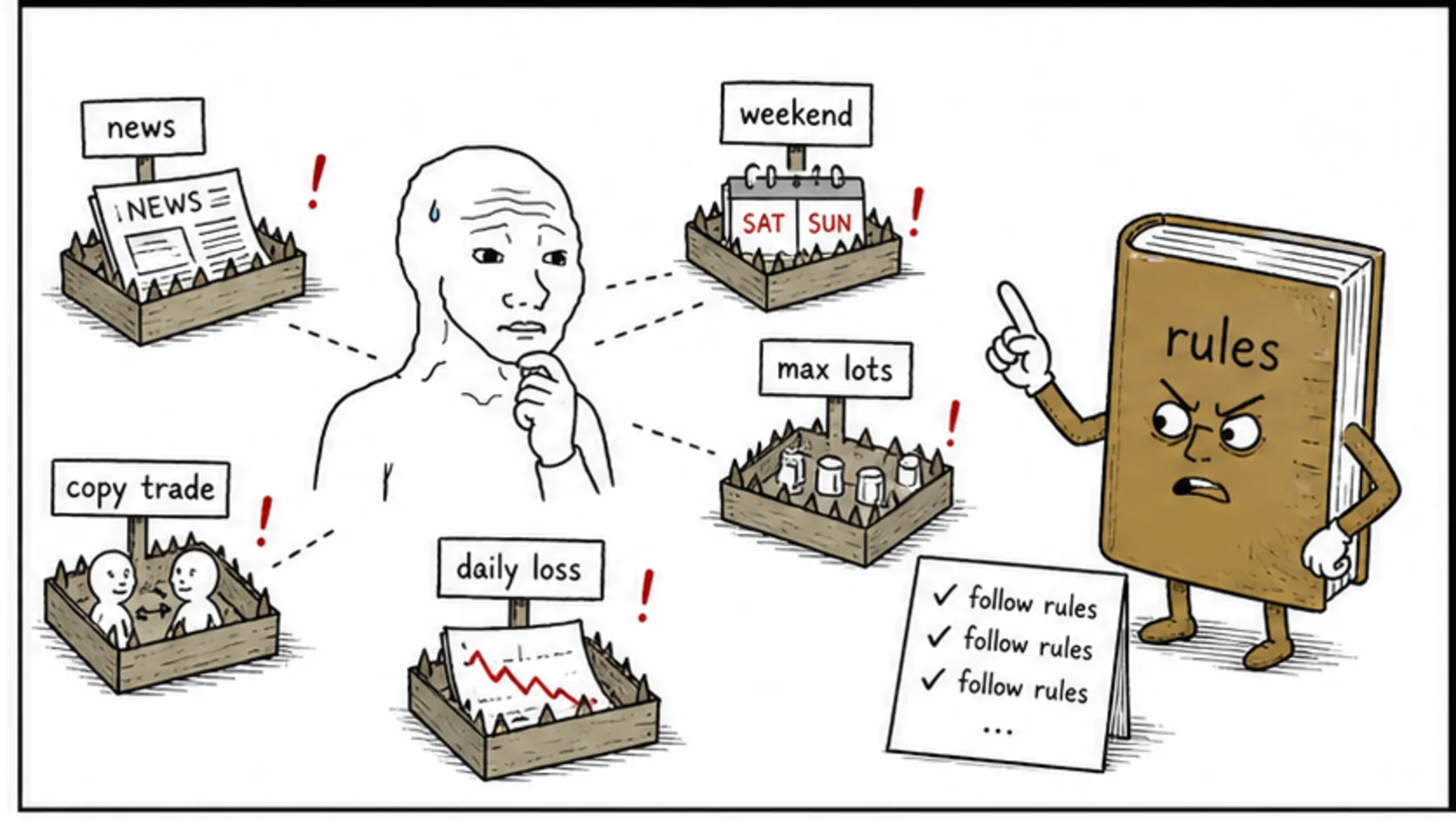 Challenge Rules and Restrictions meme explaining prop firm industry changes, startup costs, glossary terms, and trading rules