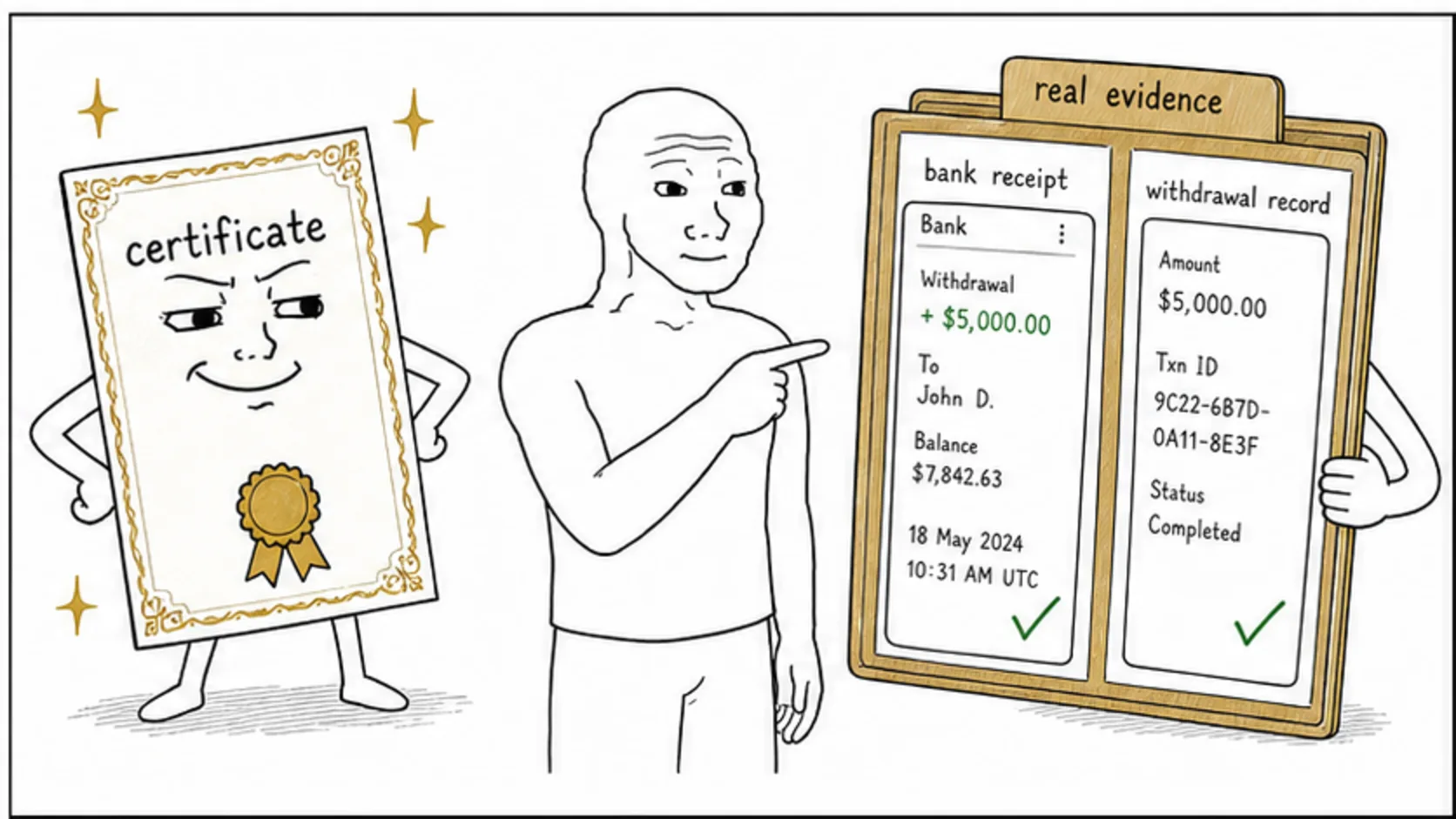 Payout Certificates vs Real Evidence meme explaining prop firm legitimacy checks, terms, reviews, and payout proof