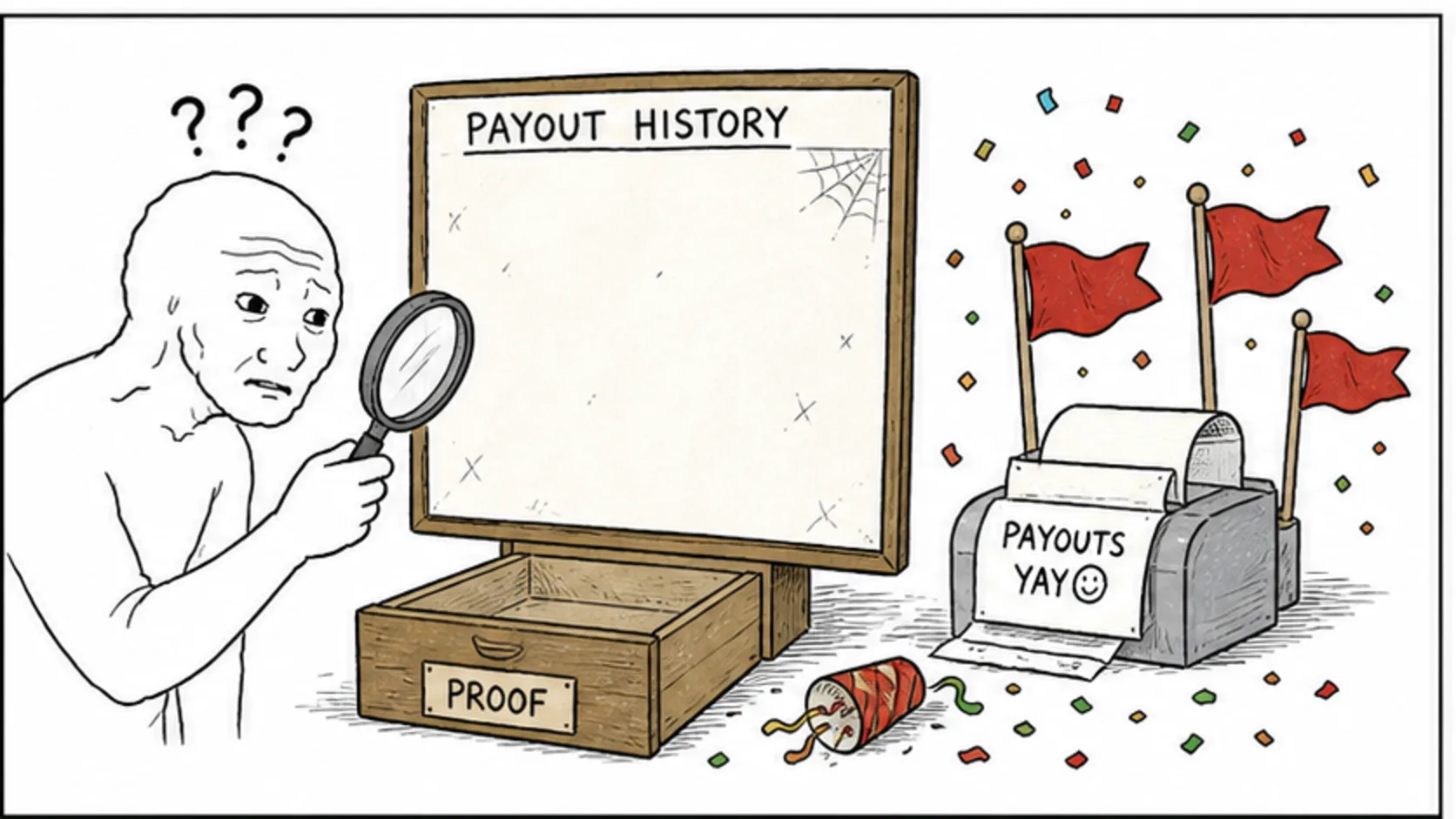 Red Flag 1: No Verifiable Payout History meme explaining prop firm legality, payouts, and red flags
