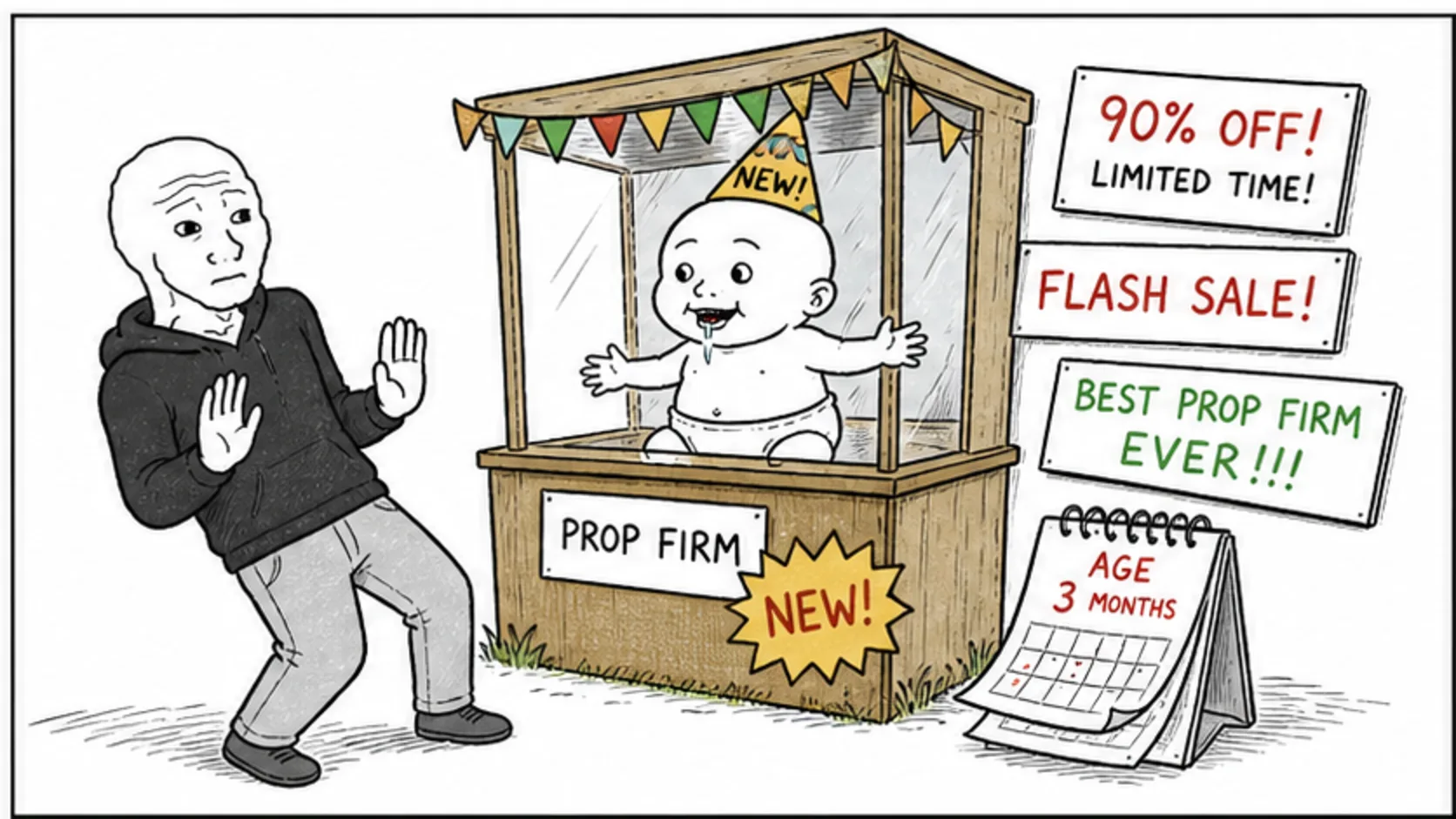 Red Flag 2: The Firm Is Less Than Six Months Old meme explaining prop firm legality, payouts, and red flags