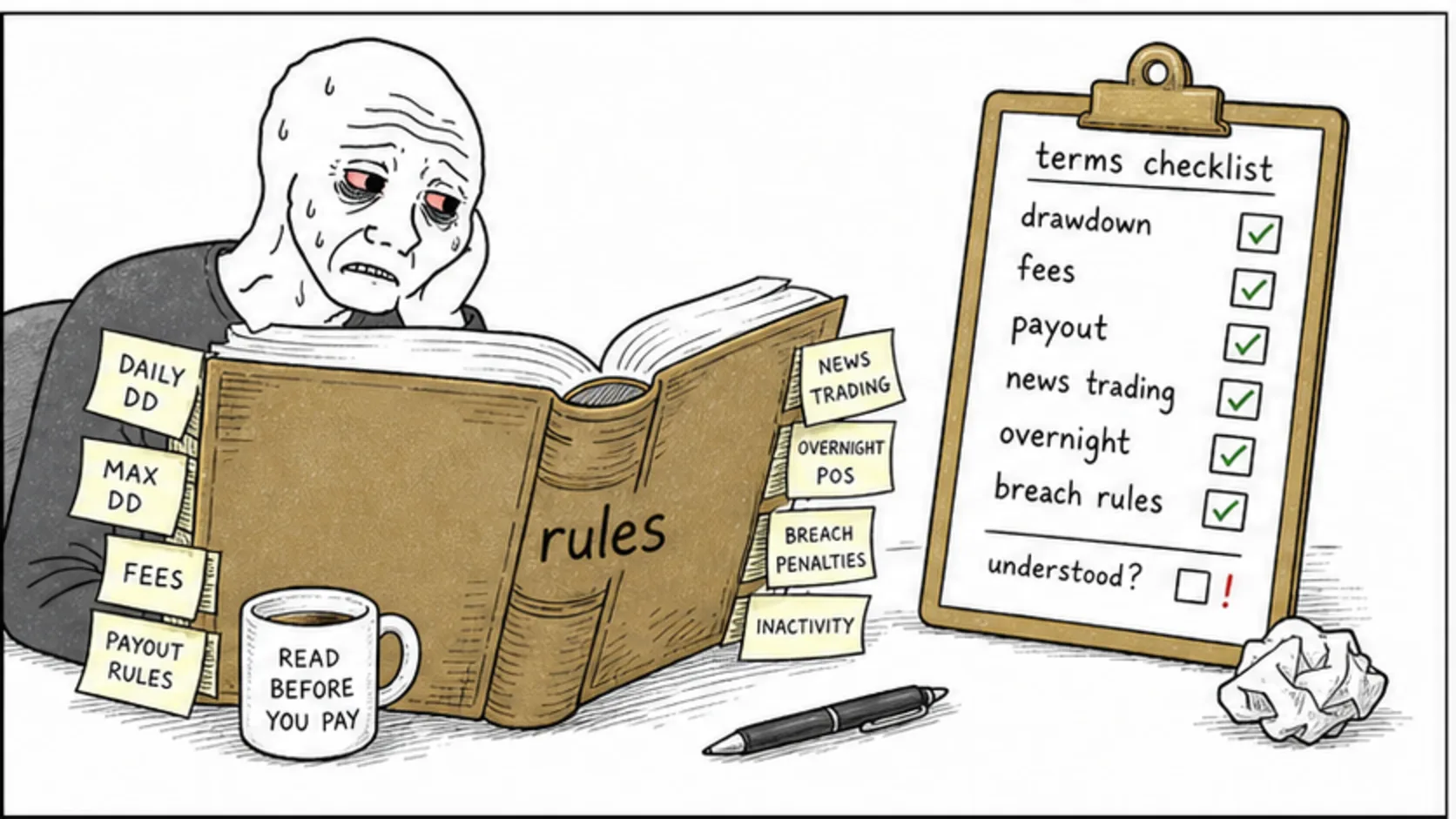 Your Terms and Conditions Checklist meme explaining prop firm legitimacy checks, terms, reviews, and payout proof