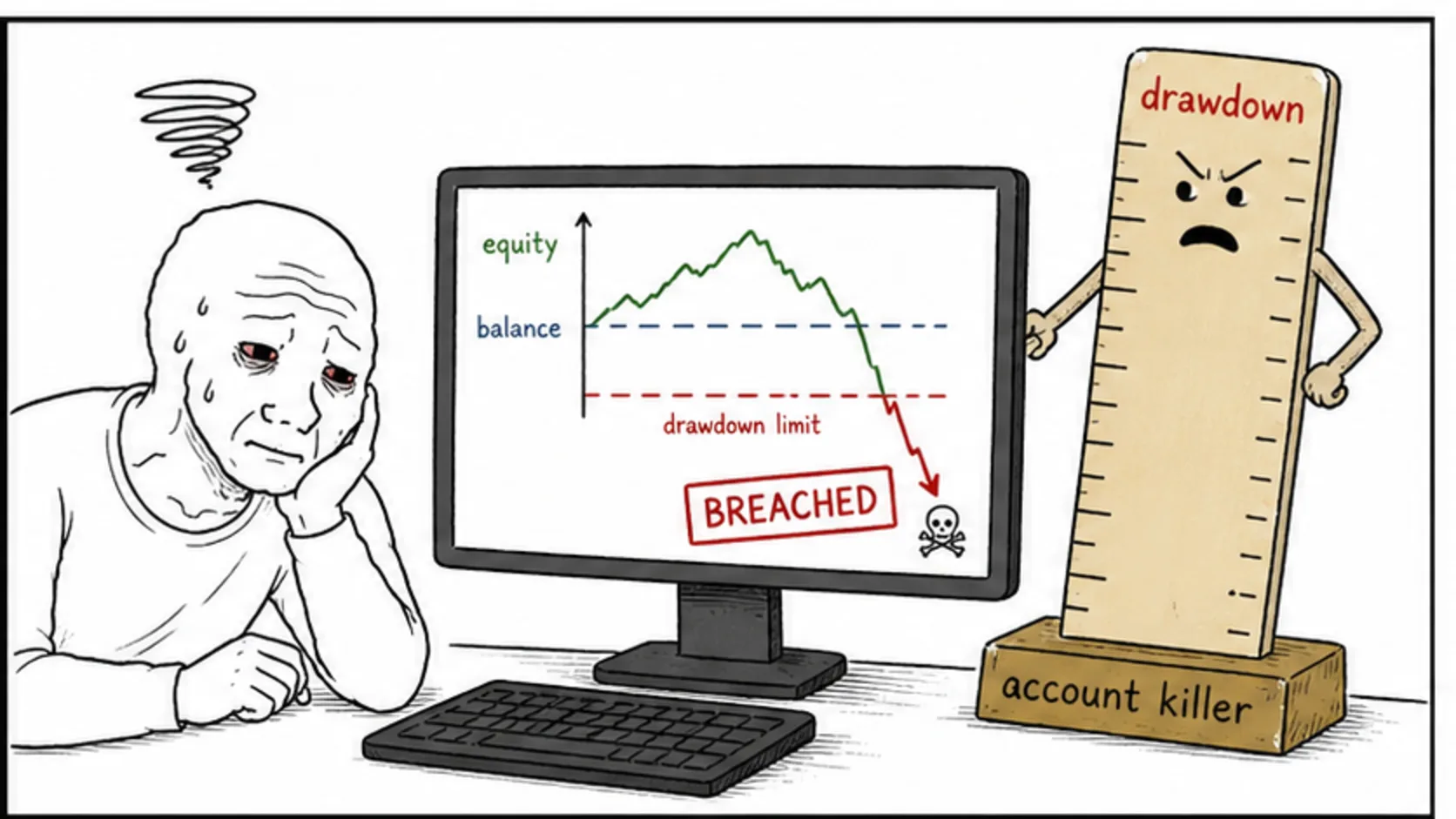 Drawdown: The Term That Ends More Accounts Than Anything meme explaining prop firm industry changes, startup costs, glossary terms, and trading rules