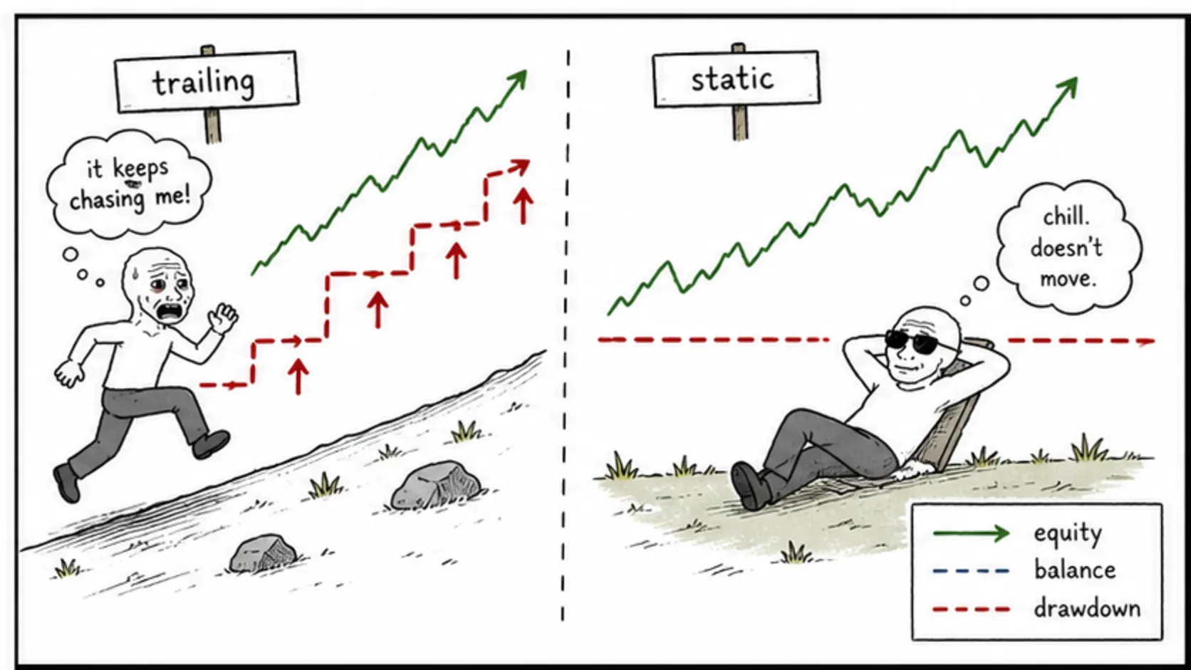 Trailing vs Static Drawdown: Why It Matters meme explaining prop firm industry changes, startup costs, glossary terms, and trading rules