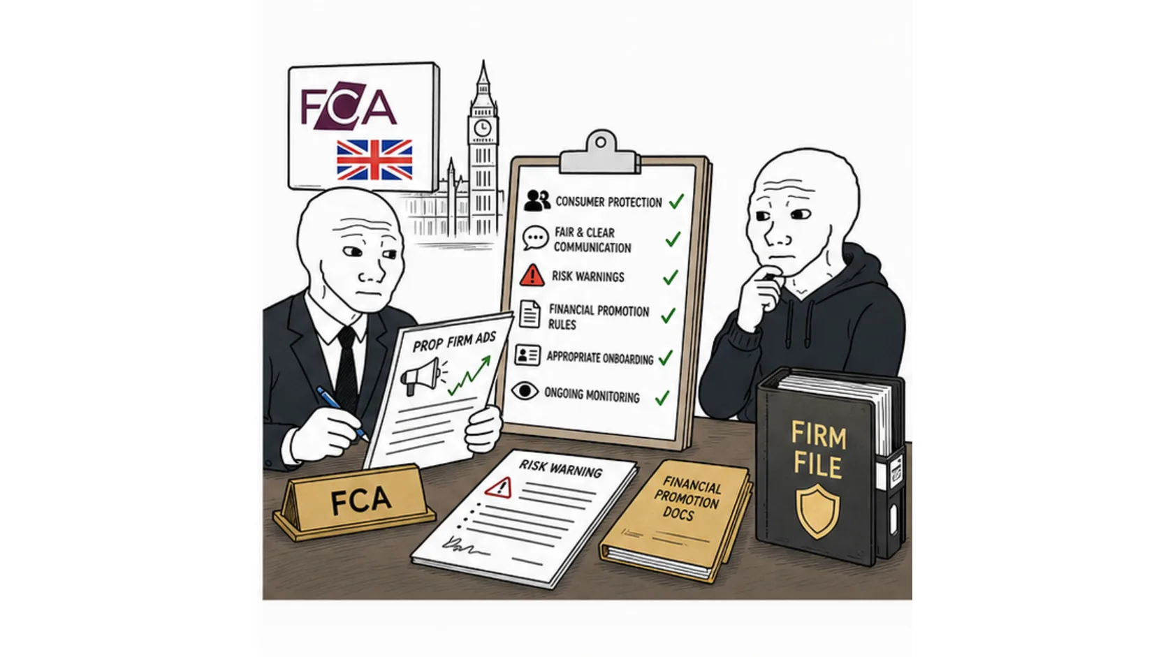 What the FCA is doing about prop firms in the UK meme showing financial promotion reviews consumer protection and risk warnings