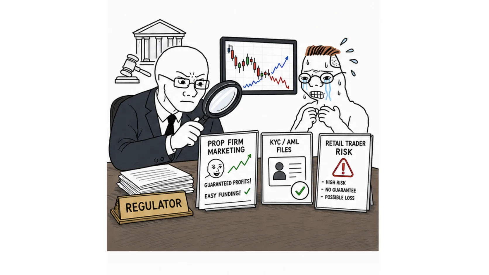 Why regulators are paying attention to prop firms meme showing marketing claims payout complaints KYC files and trader risk warnings