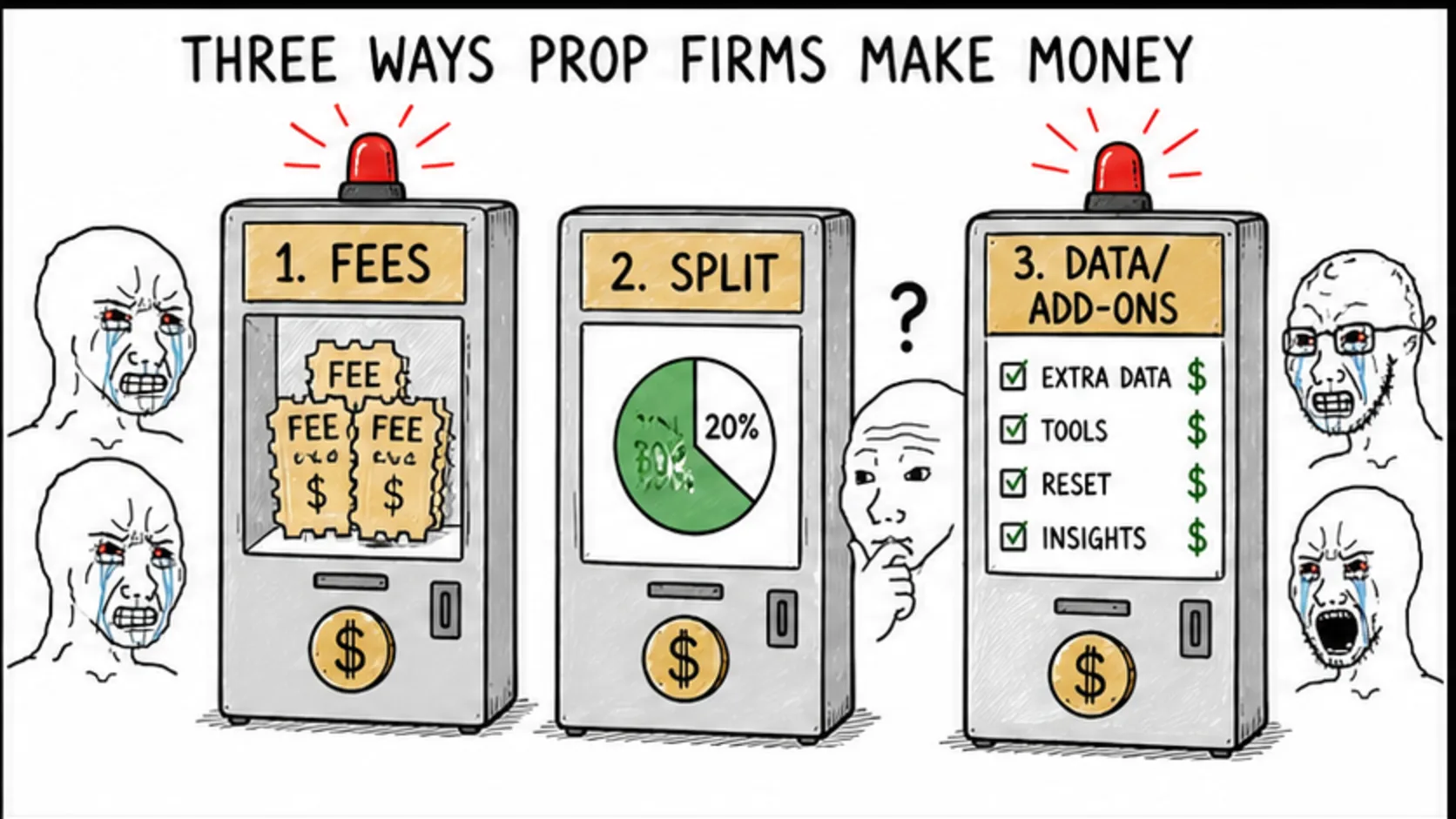 The Three Ways Prop Firms Make Money meme showing prop trading risk and rules