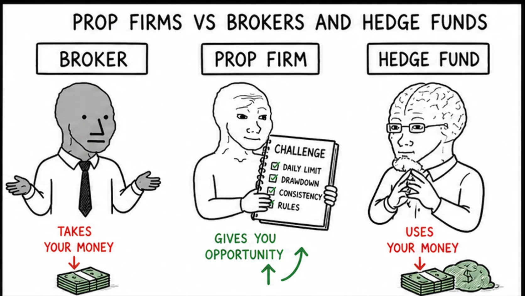 How Prop Firms Differ From Brokers and Hedge Funds meme showing prop trading risk and rules