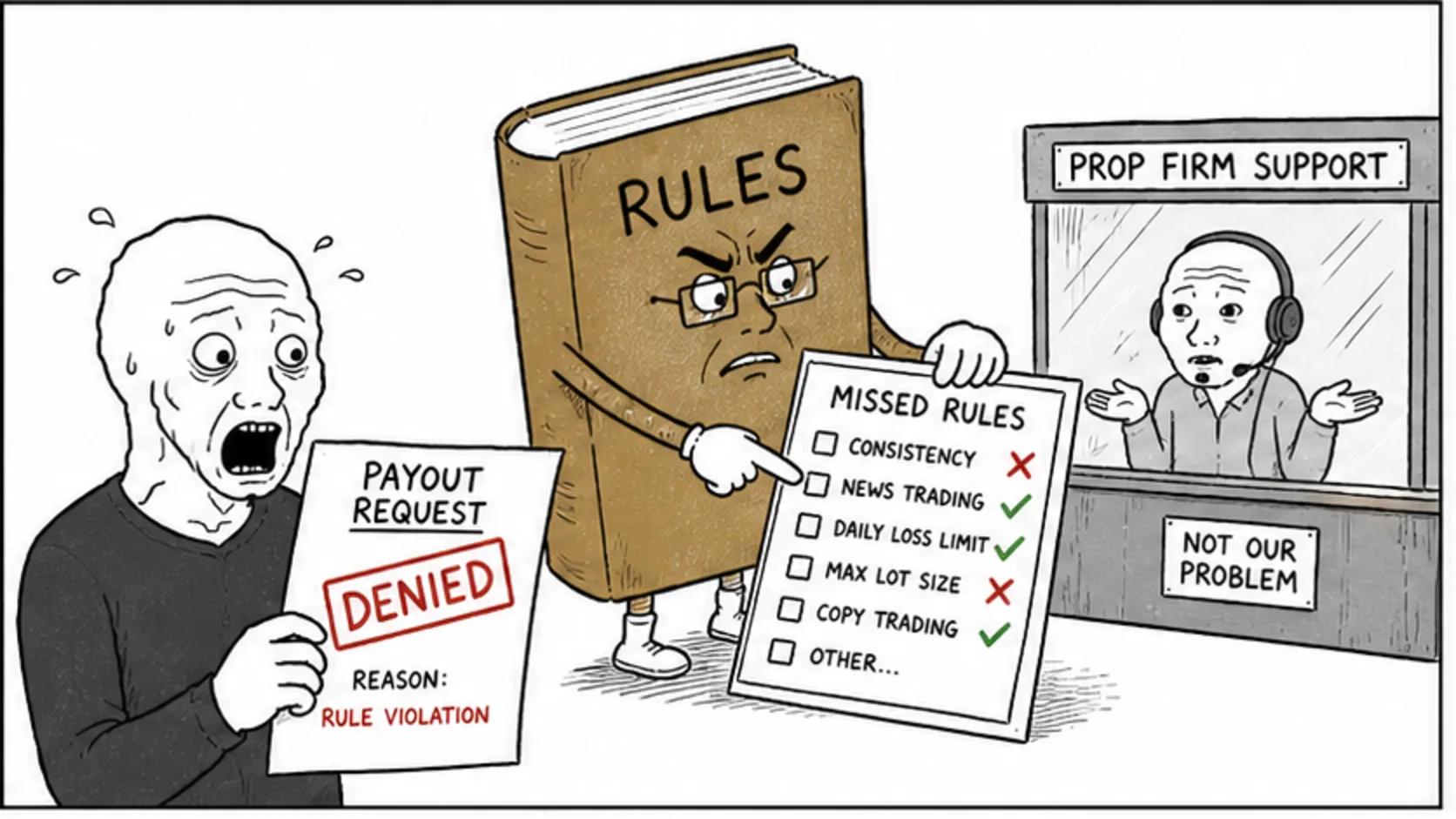 The Hard Truth About Payout Denials meme explaining prop firm legality, payouts, and red flags