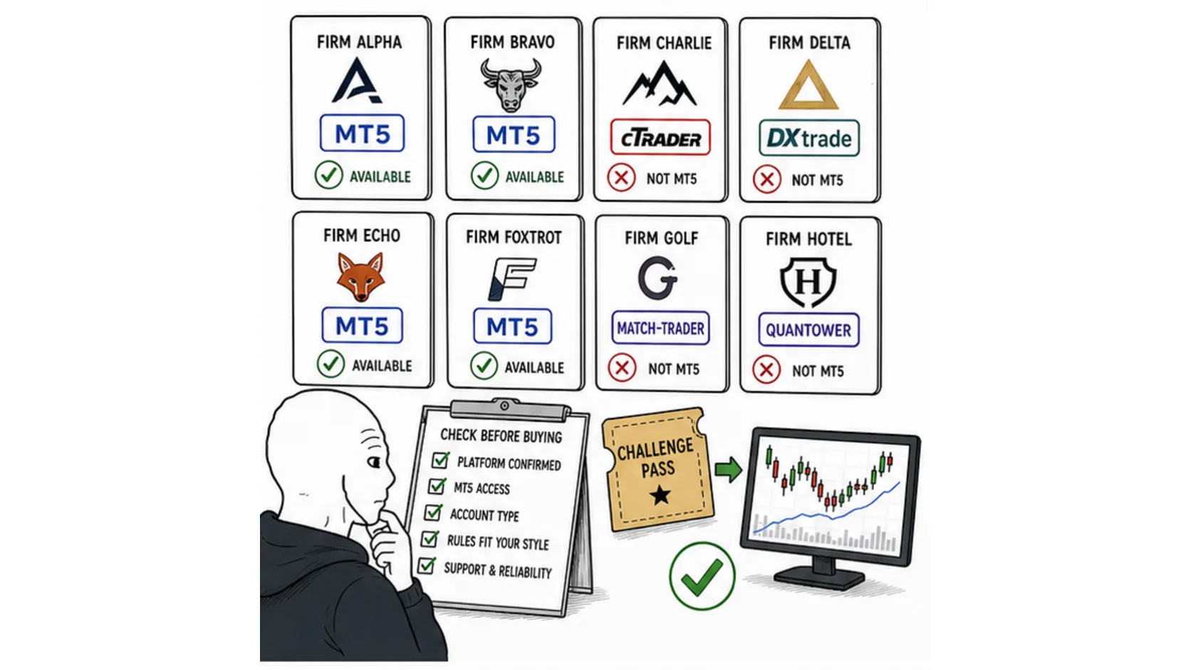 Which forex prop firms offer MT5 meme showing platform availability checks across forex prop firm cards