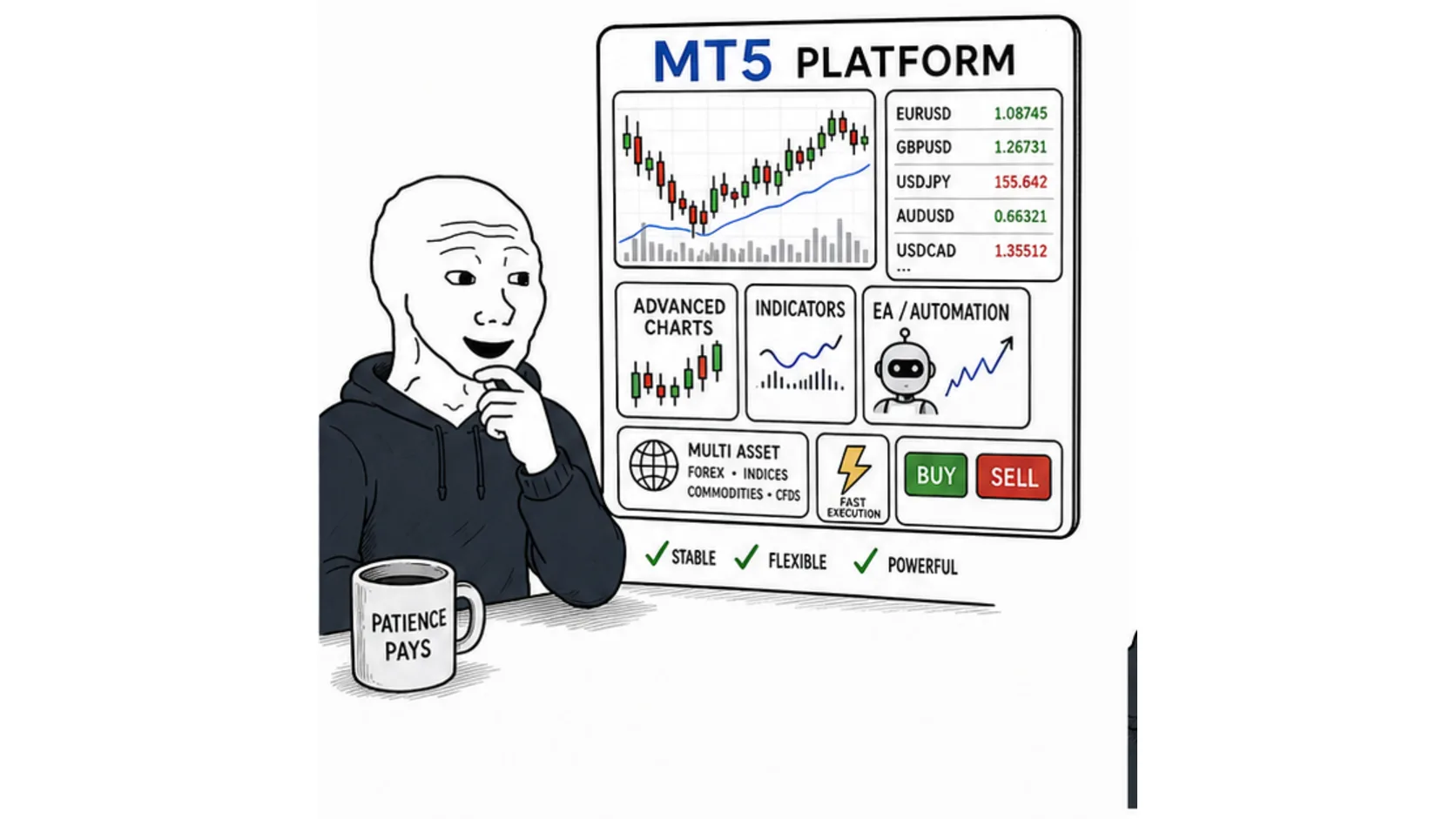 Why MT5 is preferred for forex prop trading meme showing currency pairs indicators EA tools and fast order controls