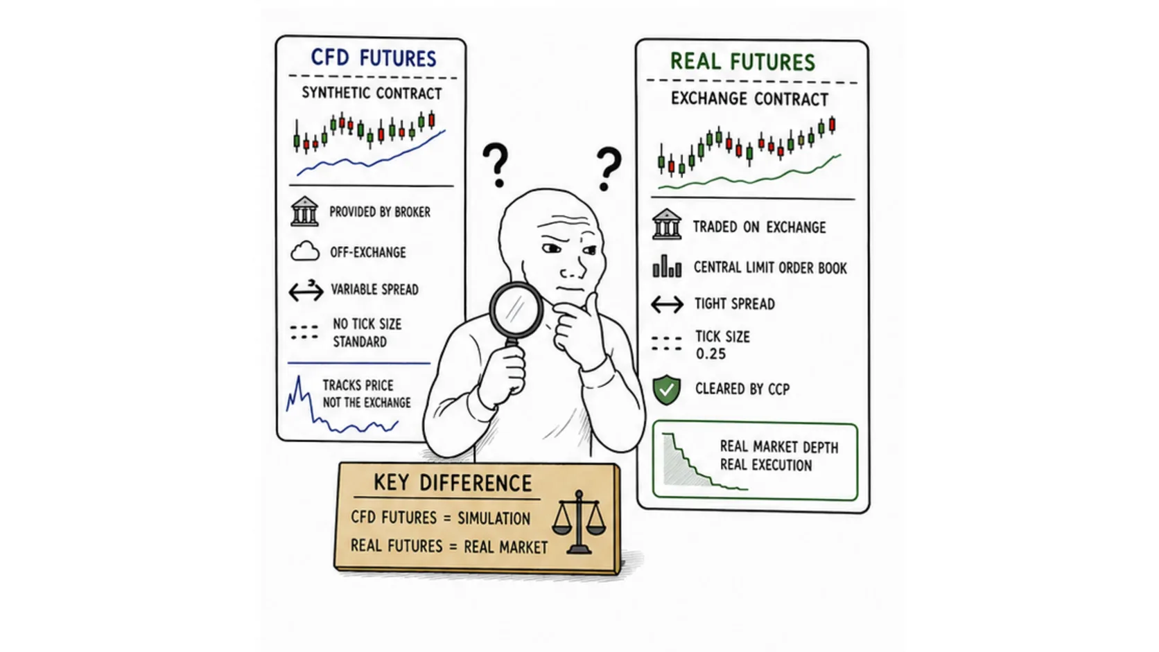 CFD futures vs real futures difference meme comparing synthetic futures charts with exchange traded contracts