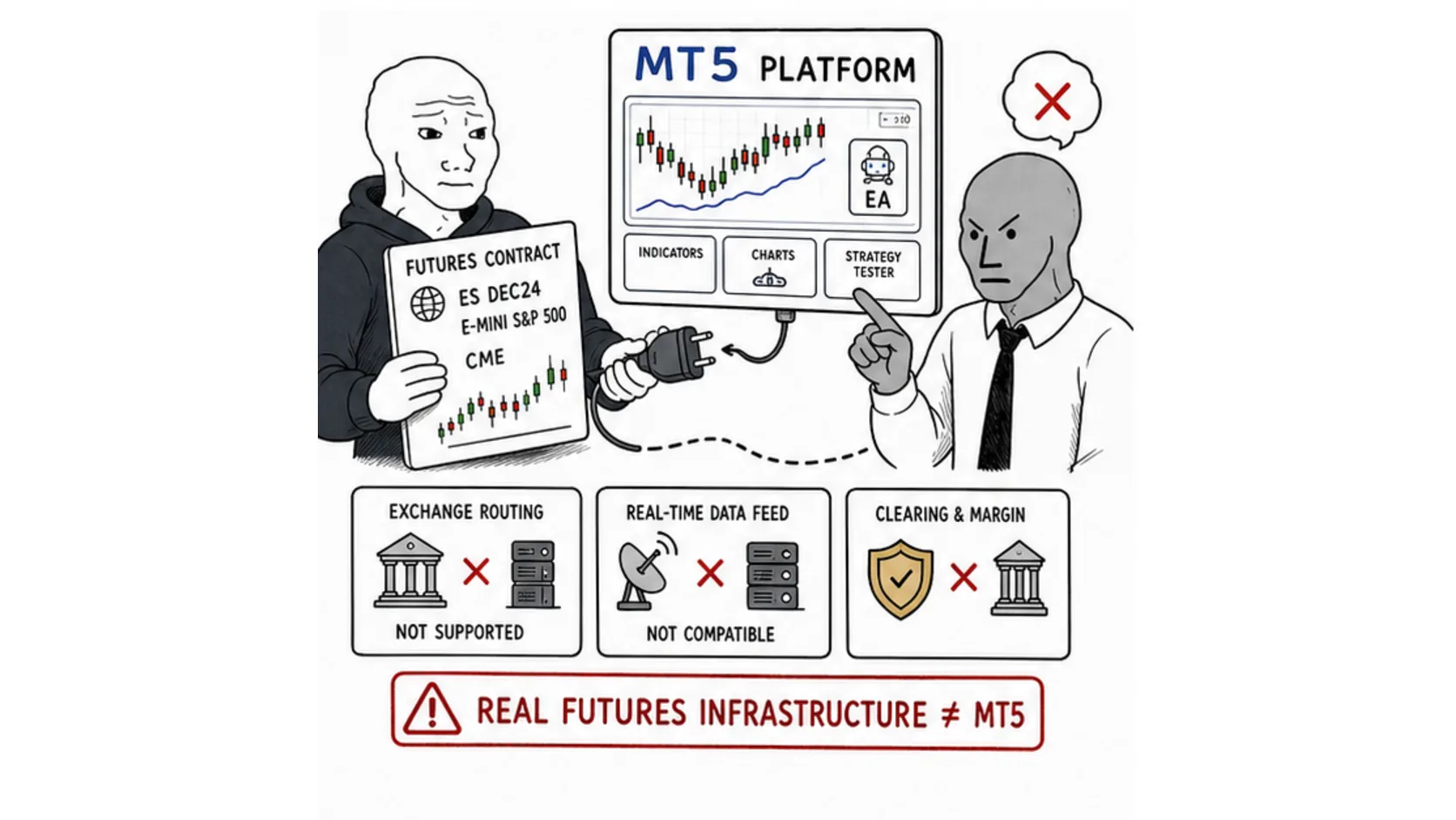 Why futures prop firms do not use MT5 meme showing real futures exchange routing data feeds and platform compatibility limits