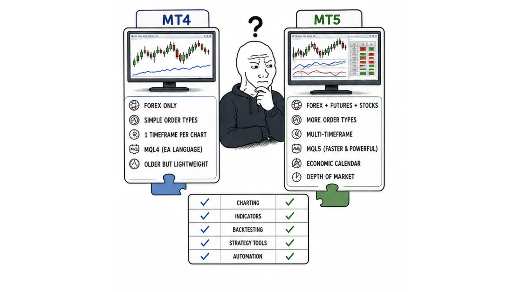 Real difference between MT4 and MT5 for prop trading meme comparing platform tools markets and order features