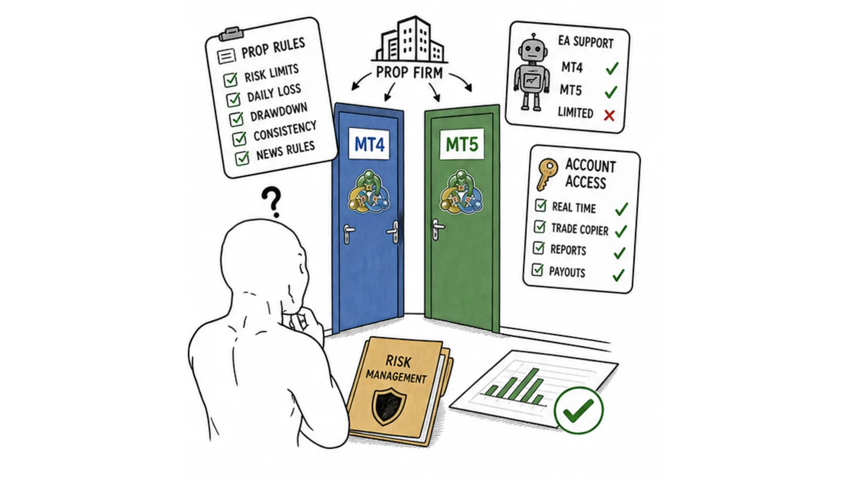 Why MT4 or MT5 platform choice matters at a prop firm meme showing rules broker access and EA support