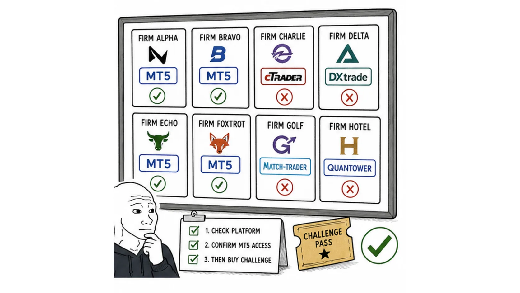 Which prop firms offer MT5 meme showing prop firm platform cards and MT5 availability checks