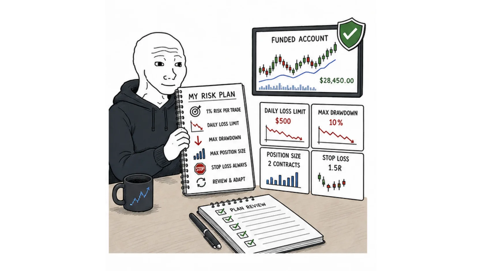 What a prop firm risk management plan is meme showing drawdown limits position sizing stop loss rules and review checklist