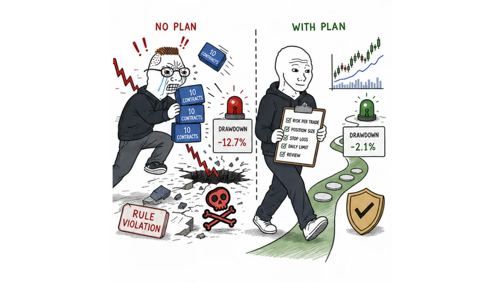 Why prop traders fail without a written risk plan meme comparing chaotic overtrading with checklist based risk control