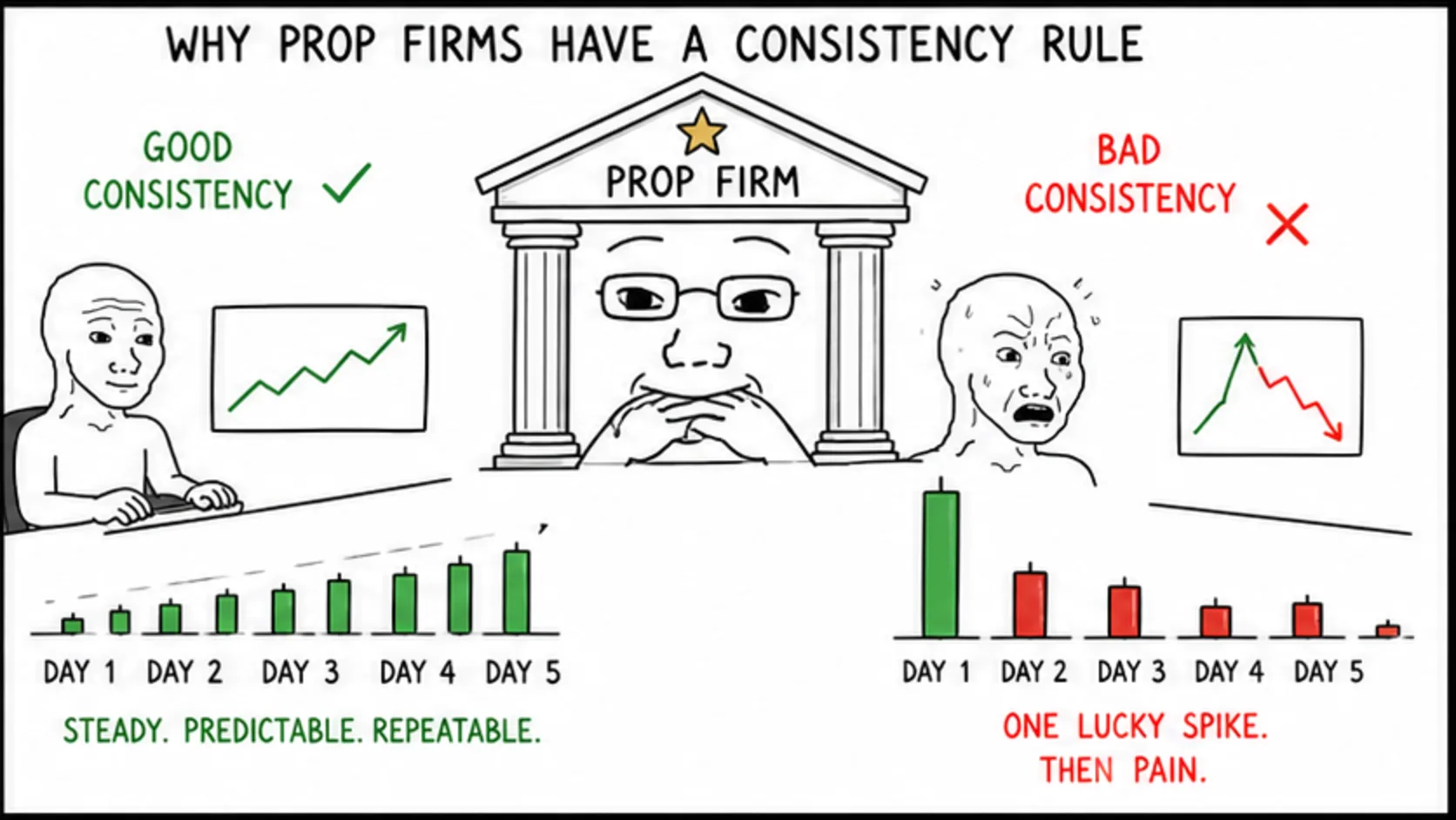 Why Prop Firms Have a Consistency Rule meme showing prop trading risk and rules