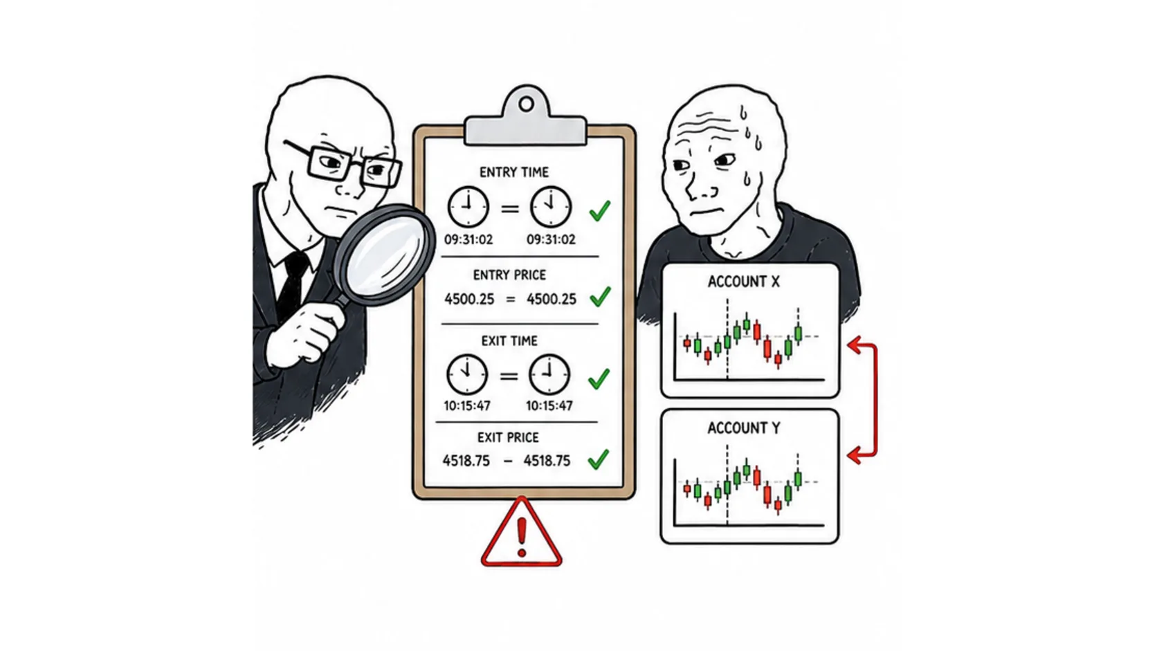How prop firms detect copy trading meme showing matched timestamps entries and exits under compliance review