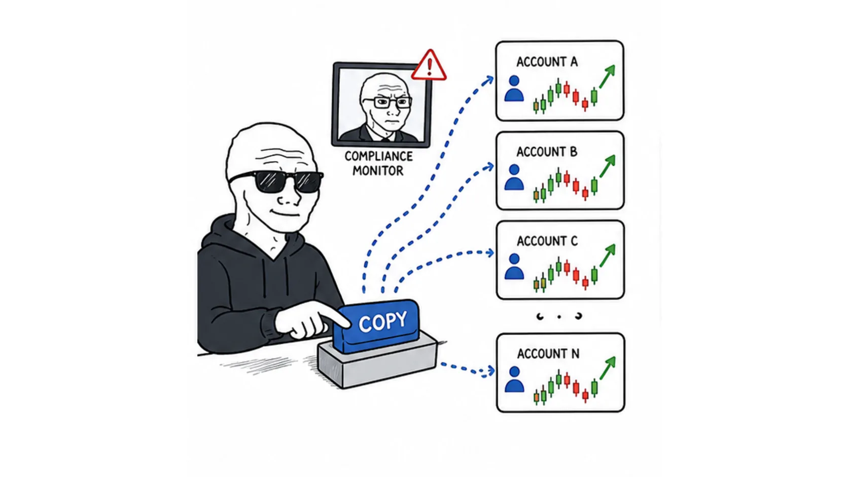 What copy trading at prop firms is meme showing mirrored trades across connected accounts