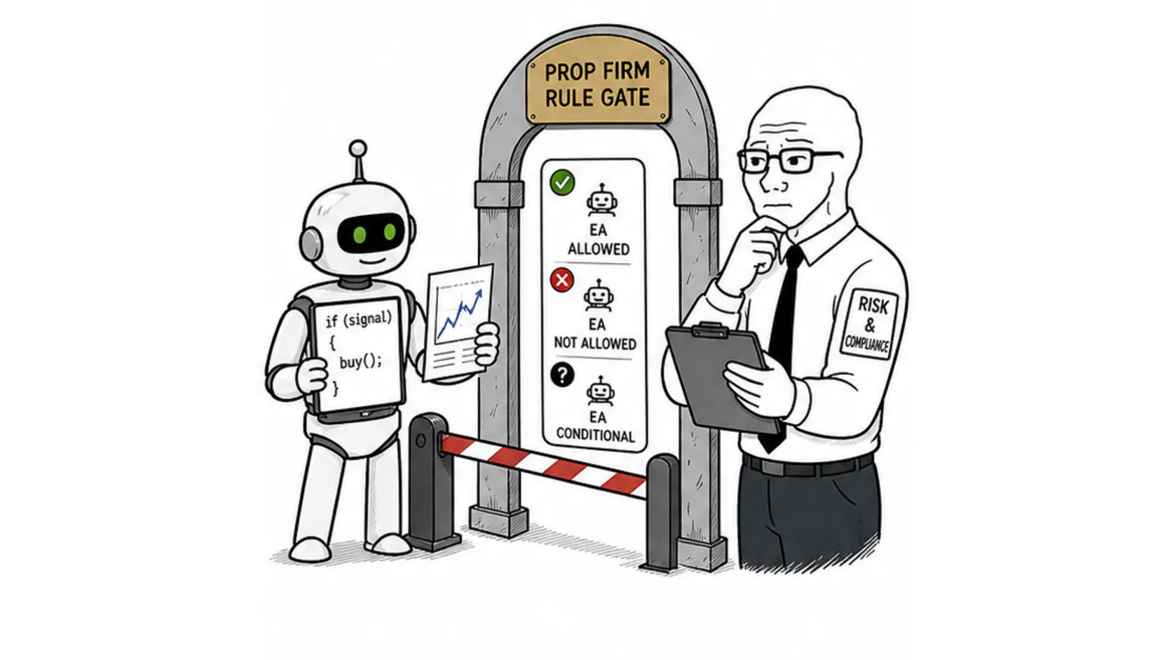 Do prop firms allow EAs on challenges meme showing a trading robot checked against automation rules