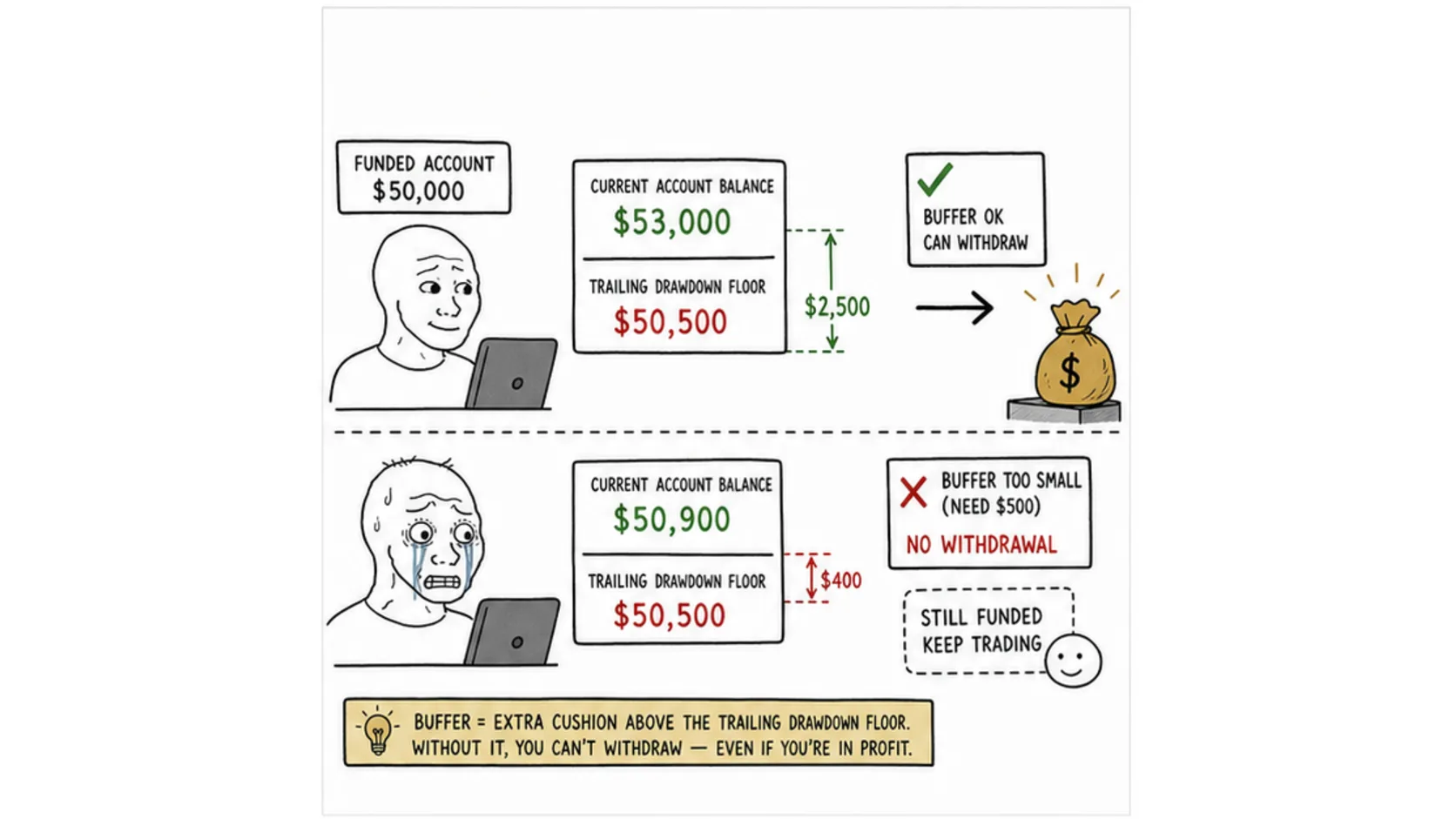 How Buffer Rules Work in Practice meme explaining futures prop firm buffer rules