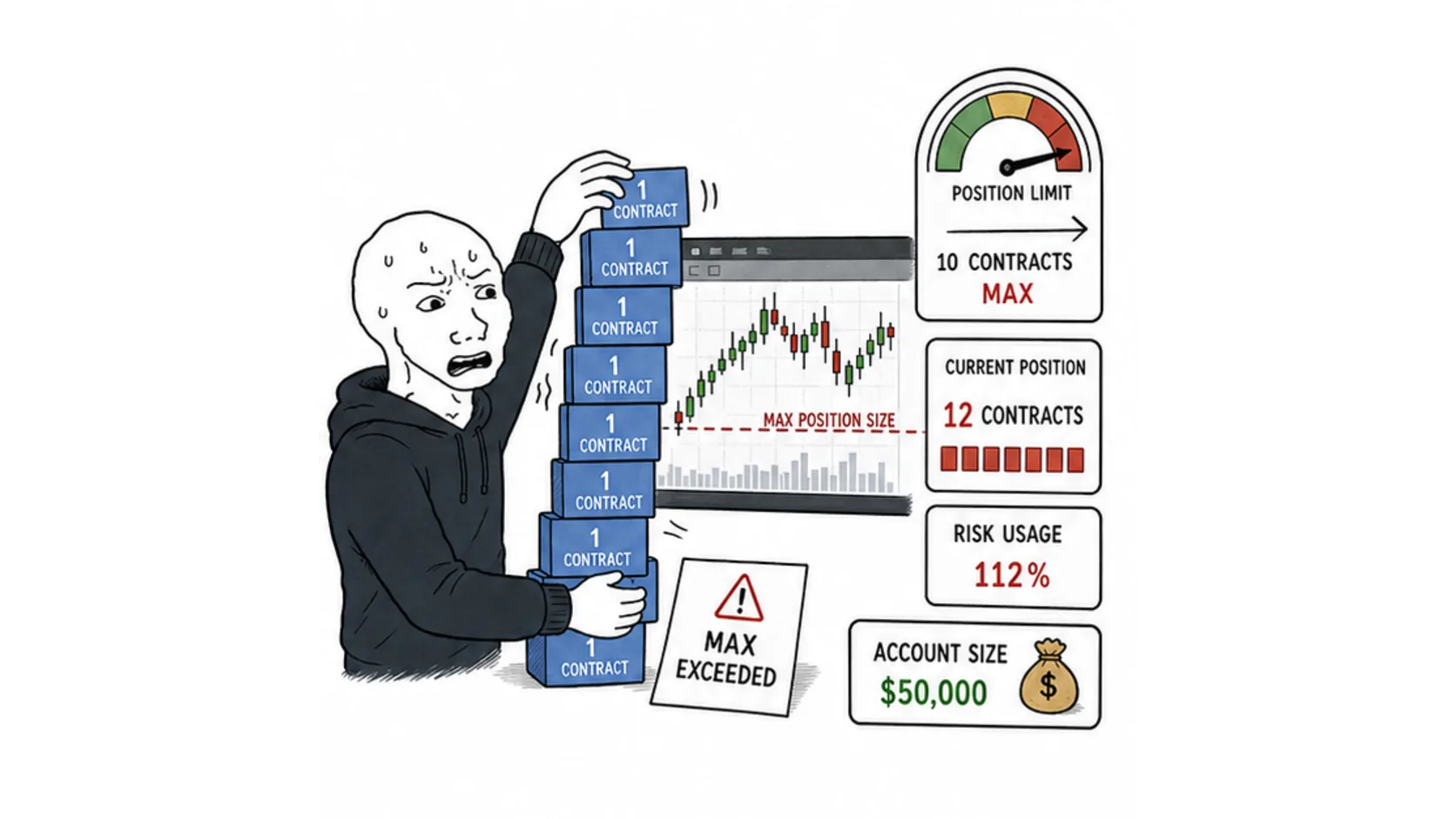What max position size means in futures prop firms meme showing contract limits account size and capped risk