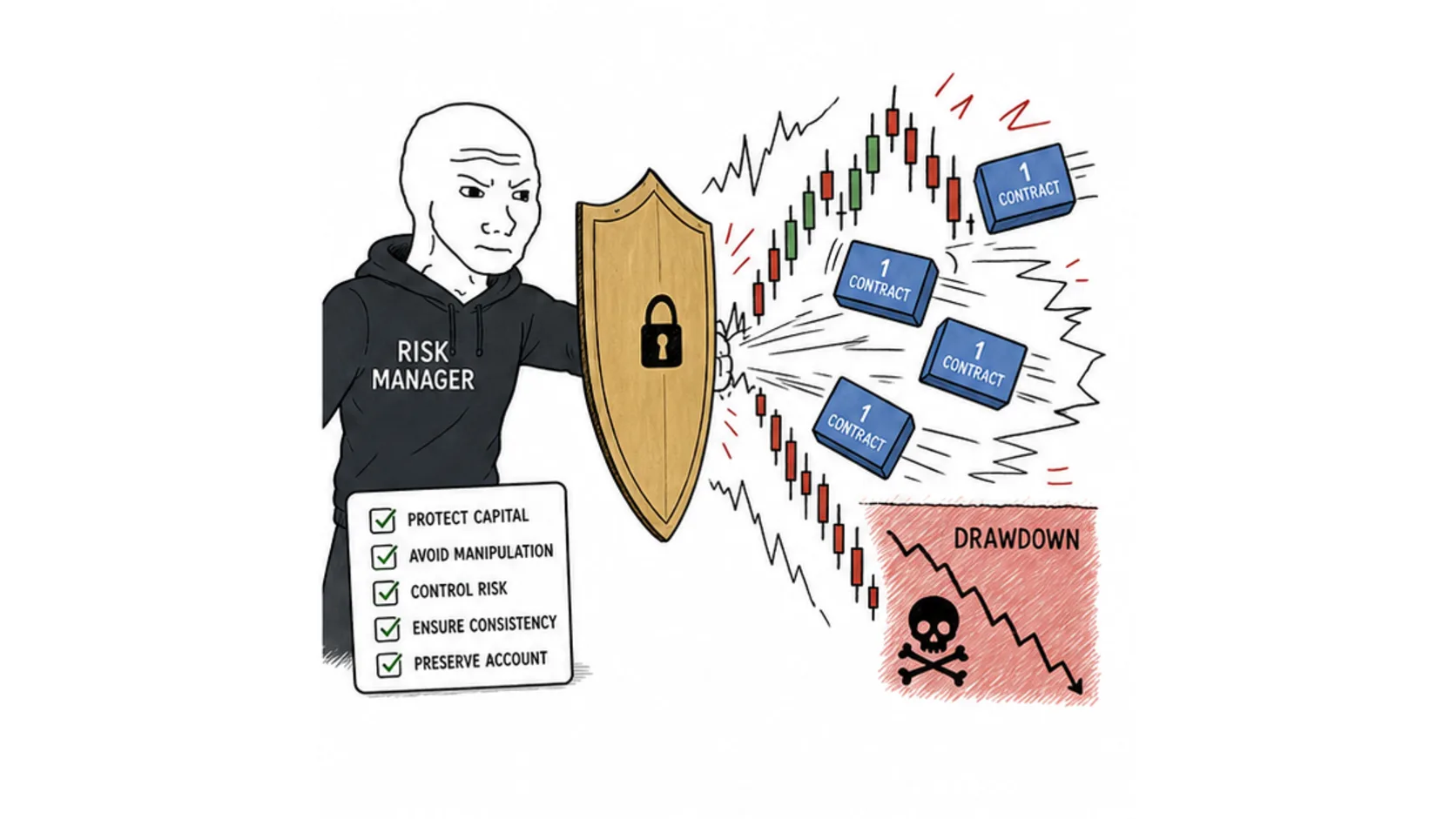 Why futures prop firms cap your position size meme showing oversized contracts drawdown risk and firm protection