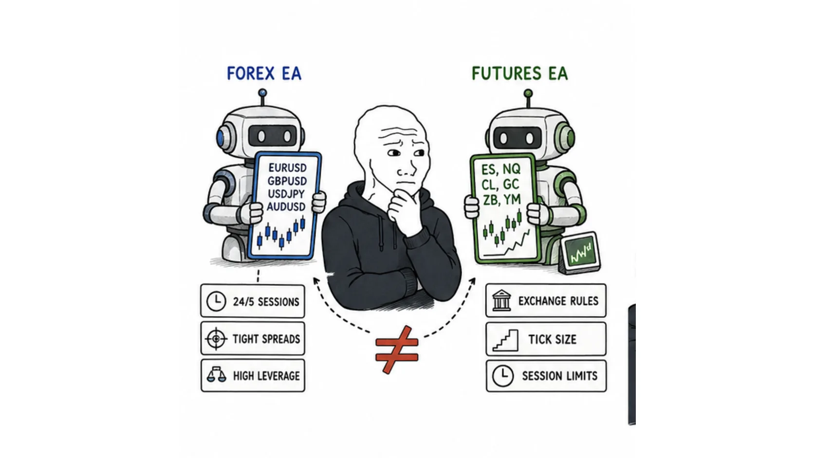 How futures EAs differ from forex EAs meme comparing futures contracts exchange rules and currency pair automation