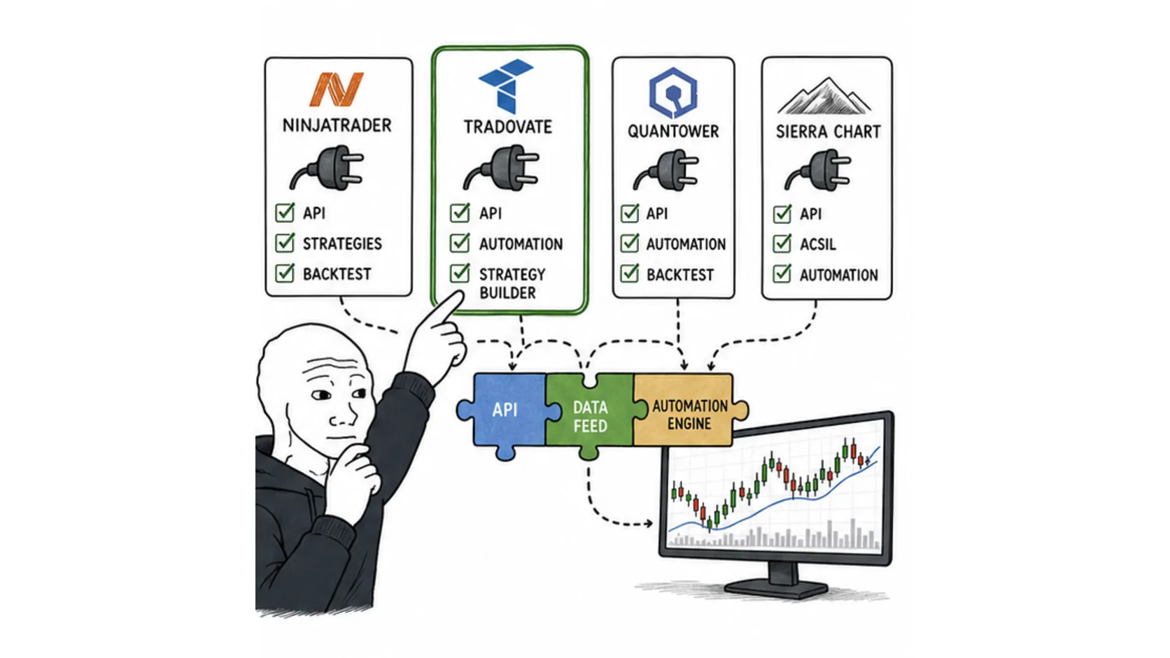 Which futures trading platforms support automation meme showing compatibility between platforms APIs and strategy tools