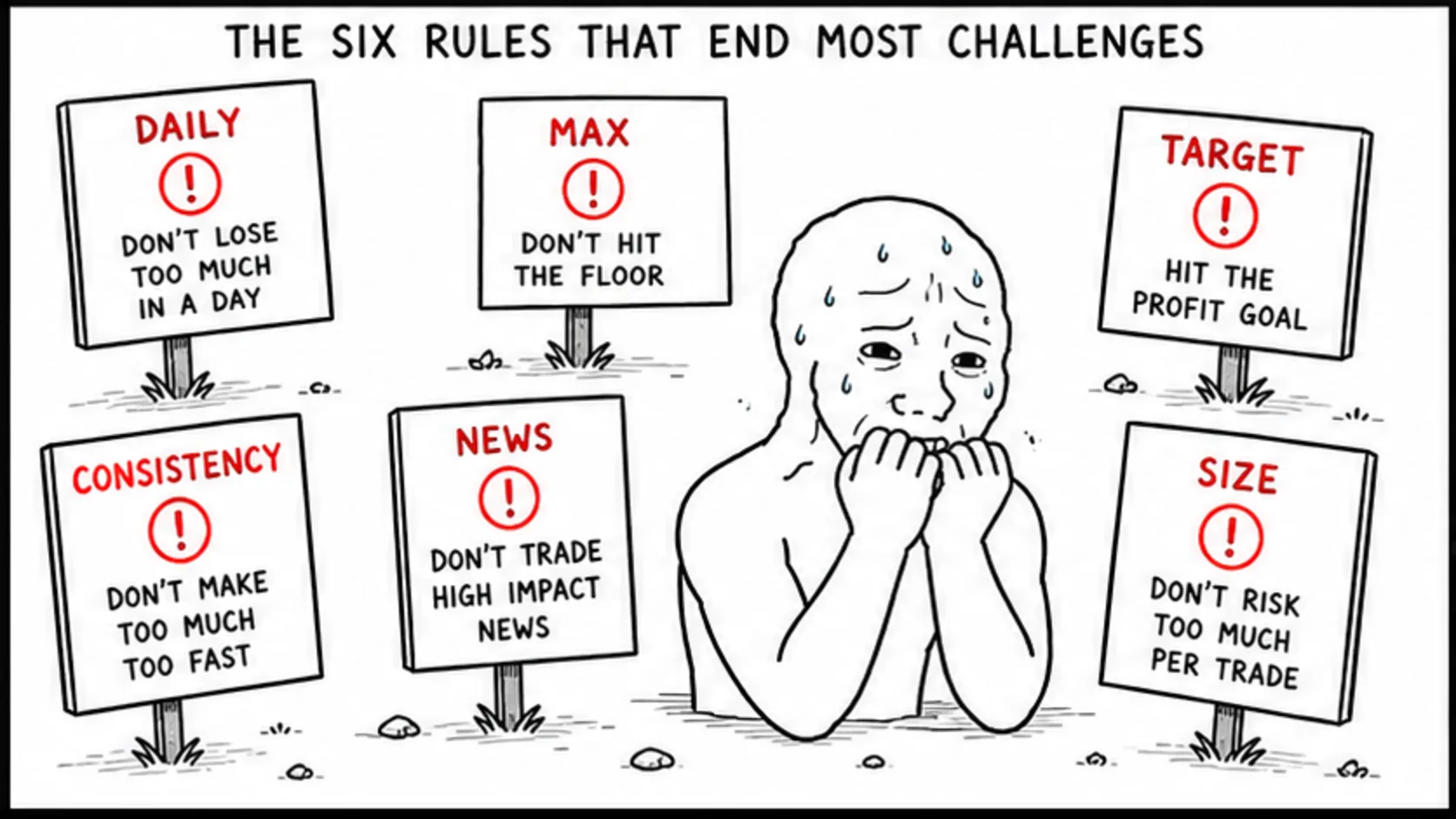 The Six Rules That End Most Challenges meme showing prop trading risk and rules