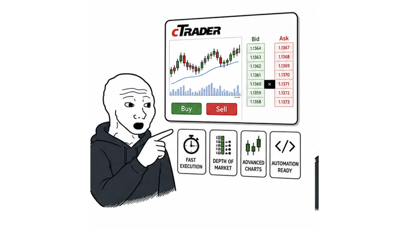 What cTrader is and why prop traders want it meme showing fast execution chart tools and platform features