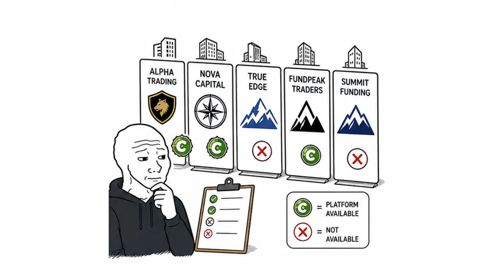Which prop firms offer cTrader meme showing prop firm platform cards with cTrader availability checks