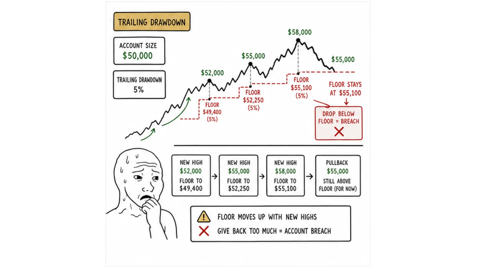 What Is Trailing Drawdown meme explaining static vs trailing drawdown