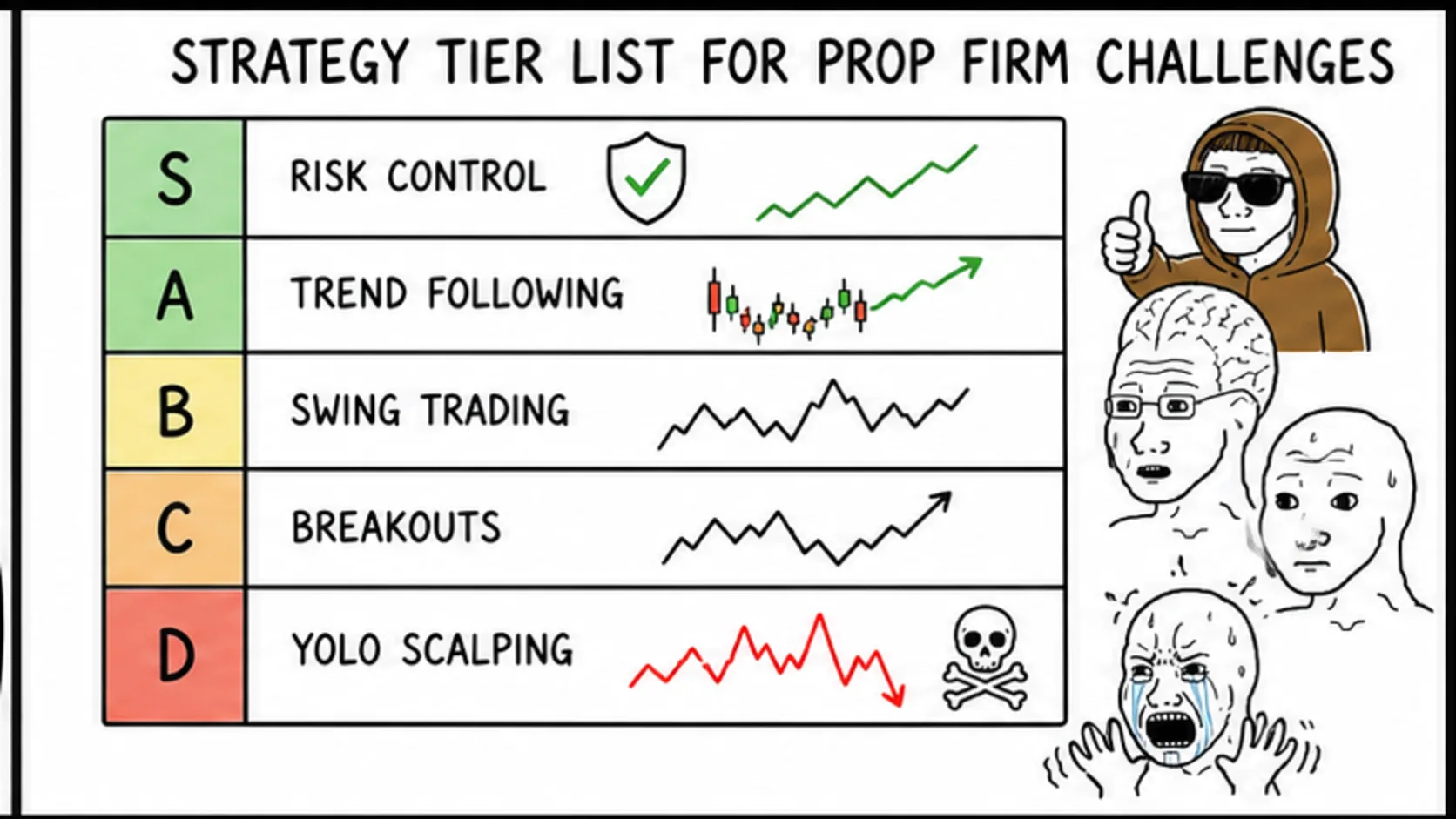 Strategy Tier List for Prop Firm Challenges meme showing prop firm trading strategy tier list