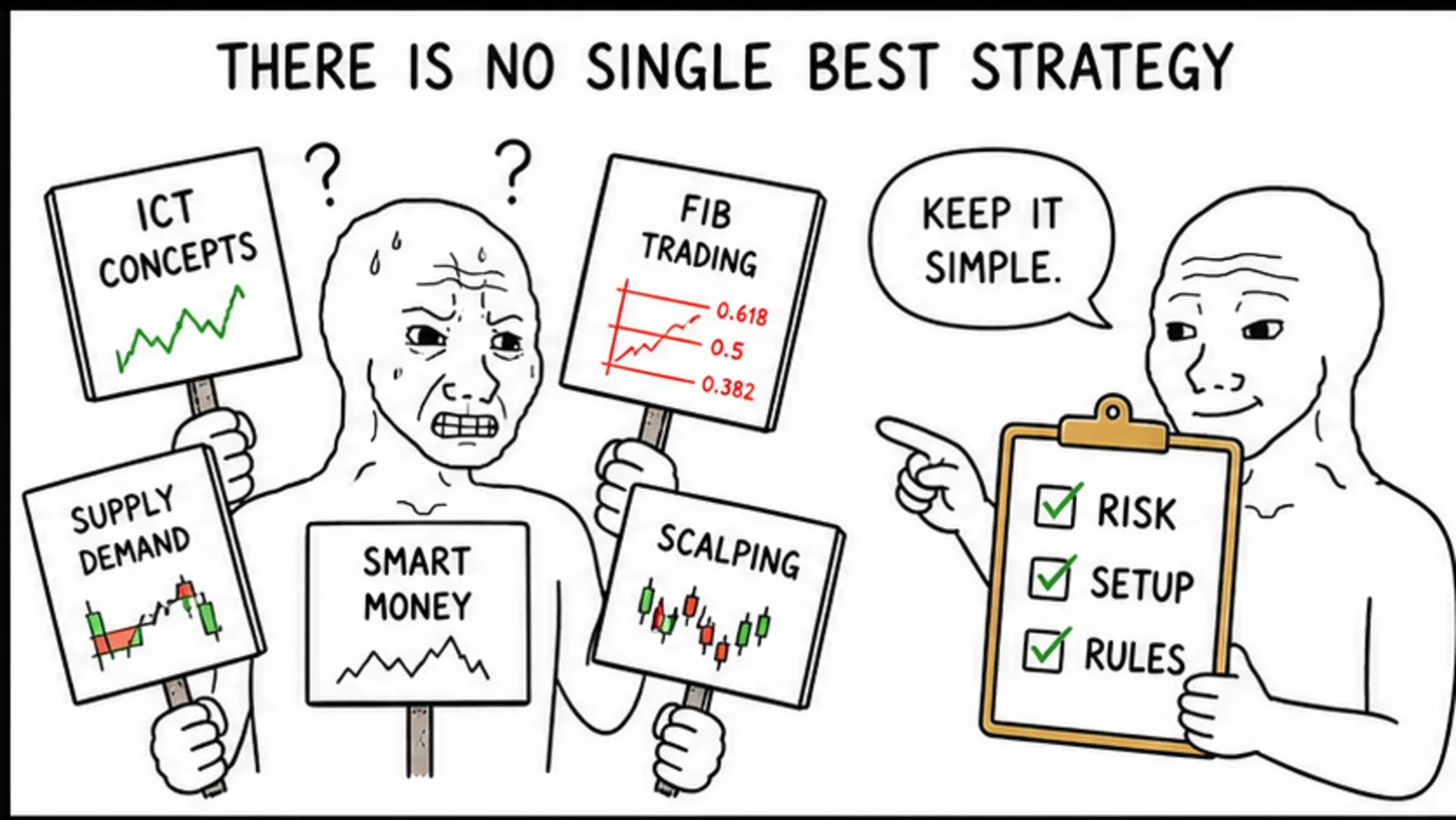 There Is No Single Best Strategy meme showing prop firm trading strategy tier list