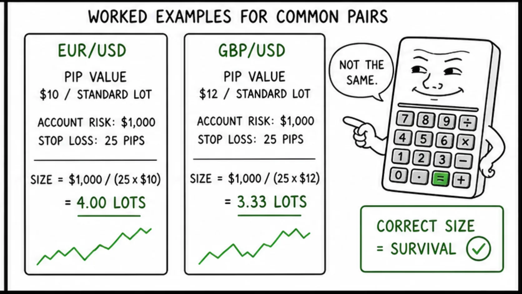 Worked Examples for Common Pairs meme showing prop firm position sizing calculations