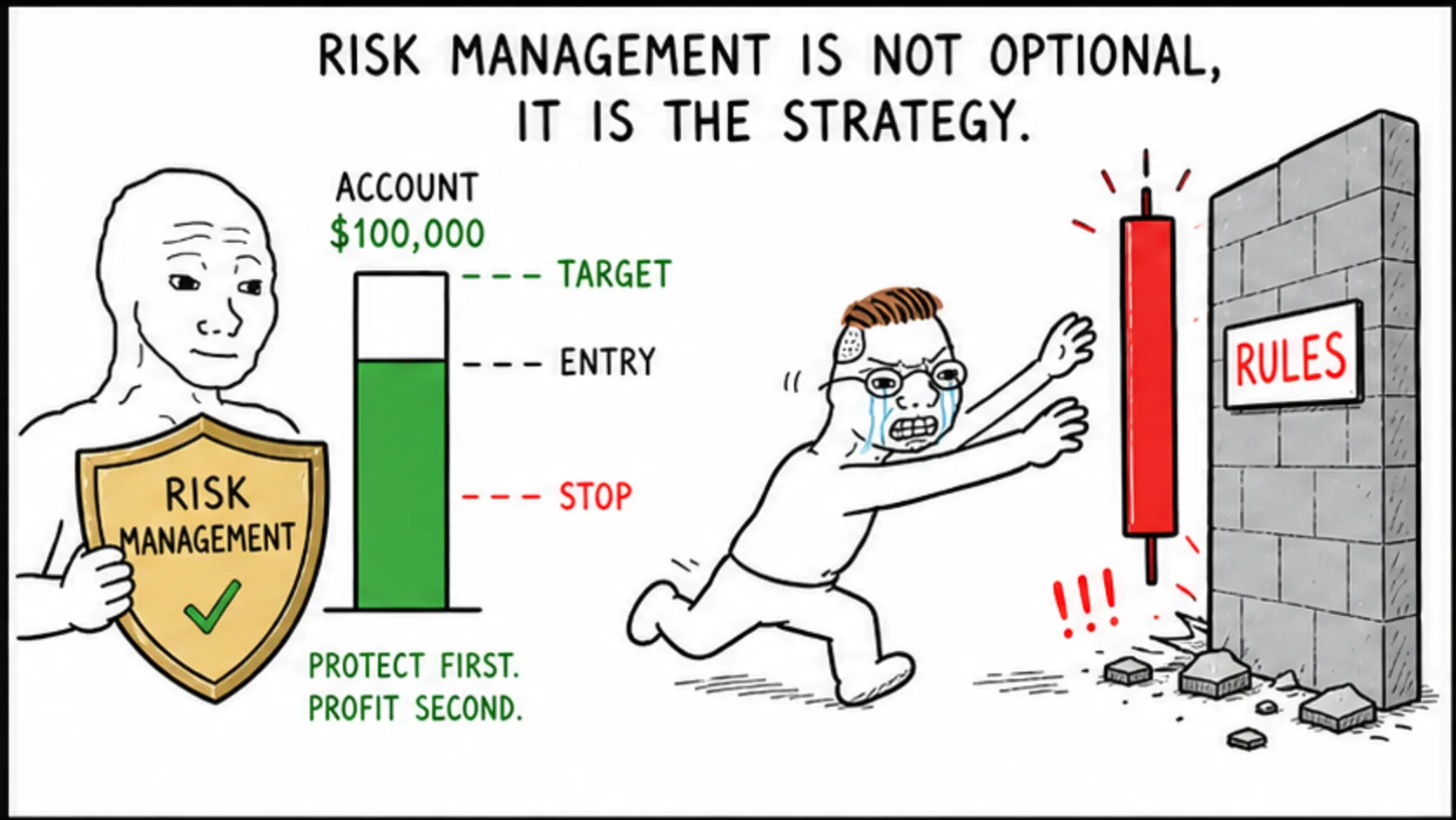 Risk Management Is Not Optional, It Is the Strategy meme showing prop firm risk management framework