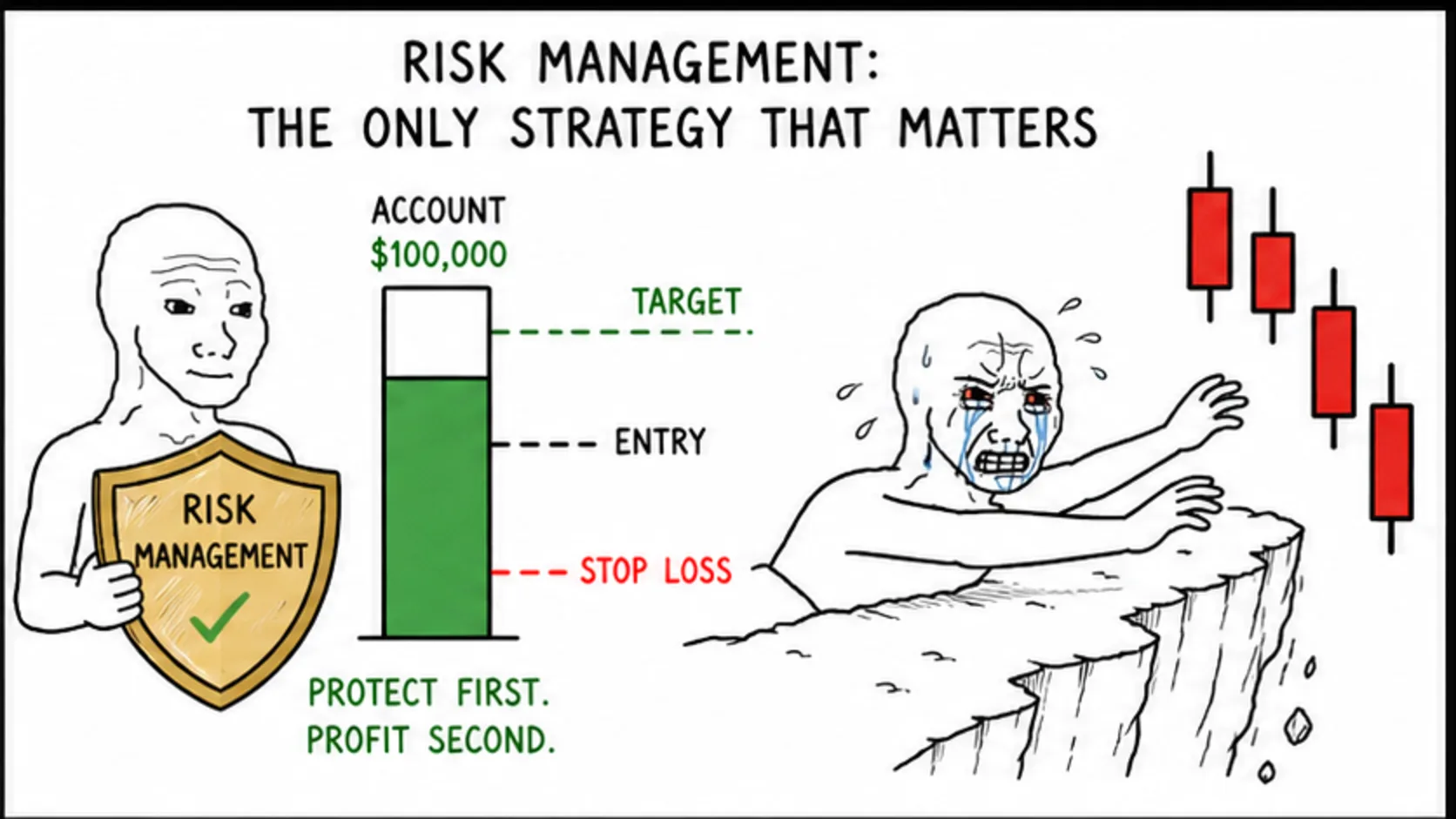 Risk Management: The Only Strategy That Matters meme showing prop trading risk and rules
