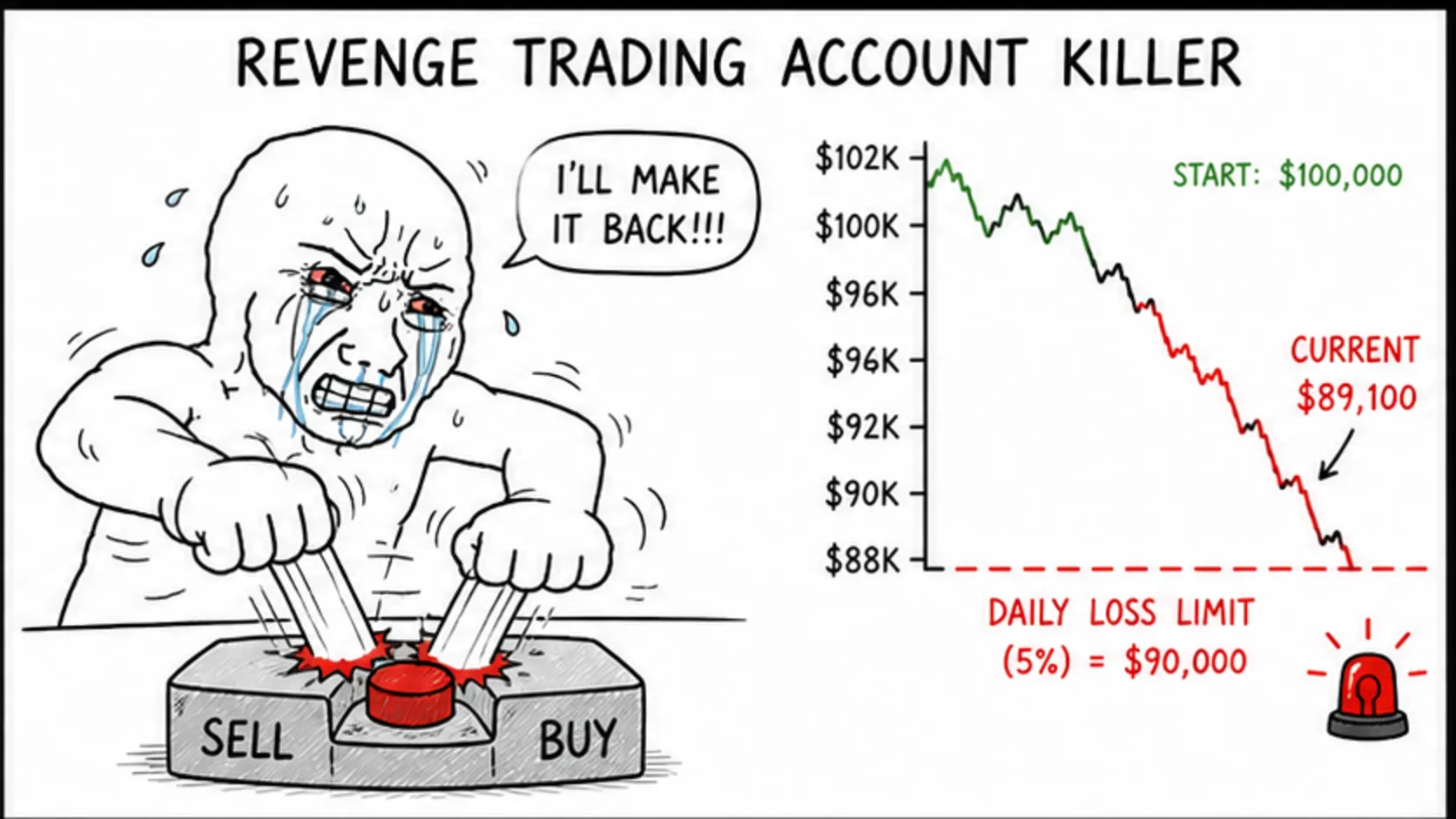 Revenge Trading: The Account Killer meme showing prop firm trading psychology and mental traps