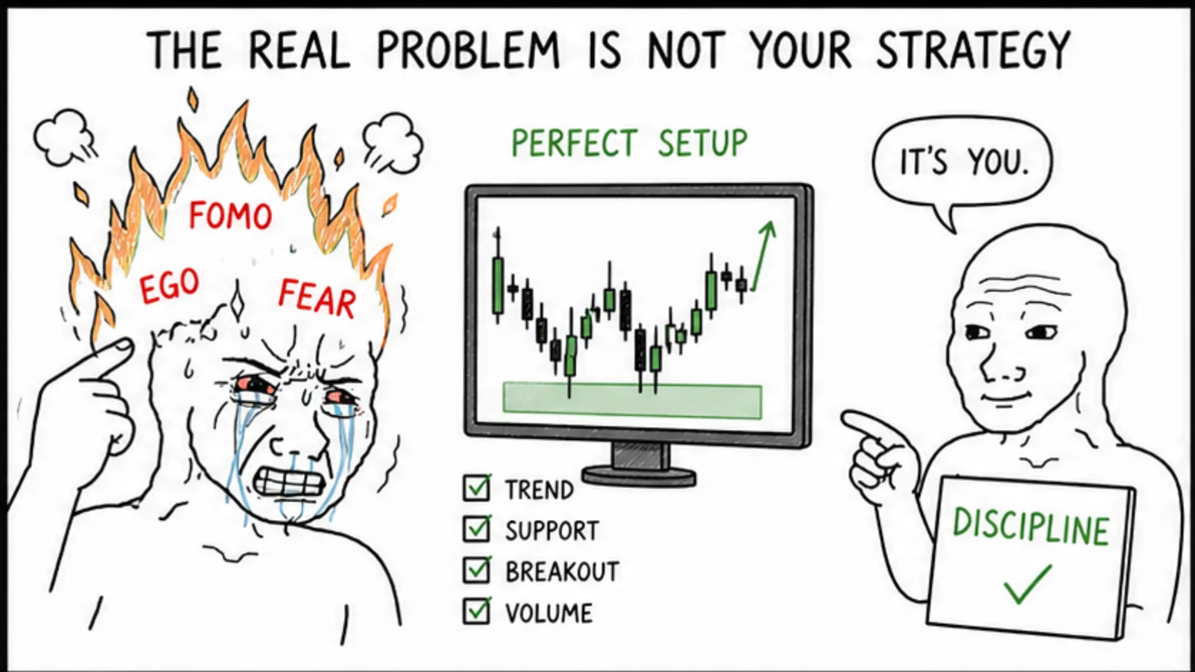 The Real Problem Is Not Your Strategy meme showing prop firm trading psychology and mental traps