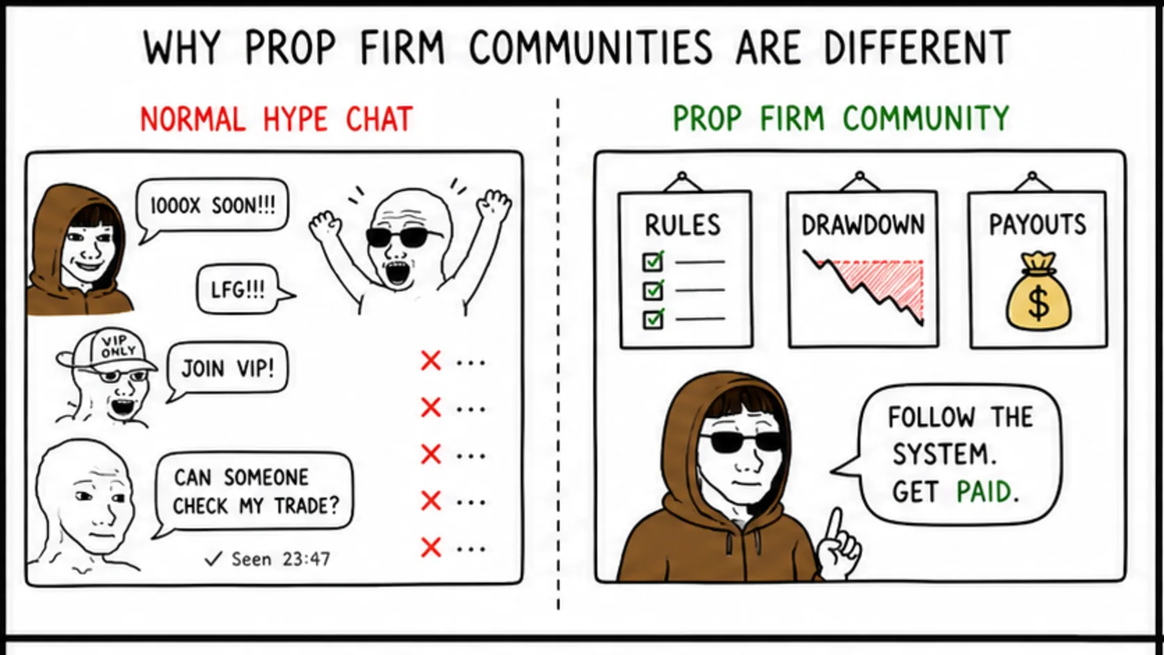 Why Prop Firm Communities Are Different meme showing trading community quality and red flags