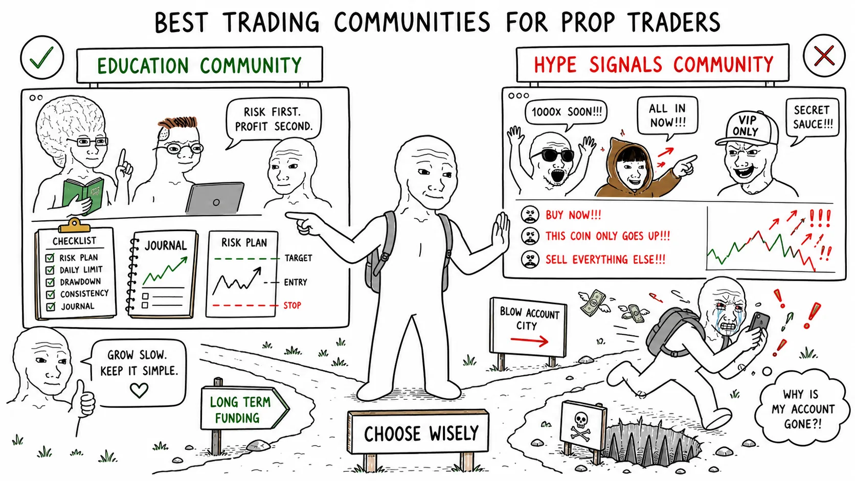 Best Trading Communities for Prop Traders meme showing prop trading risk and rules