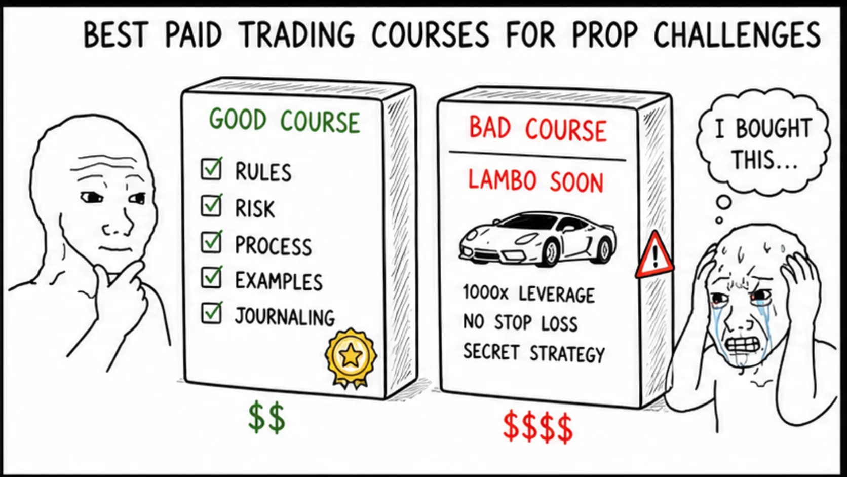 Best Paid Trading Courses for Prop Challenges meme showing trading community quality and red flags