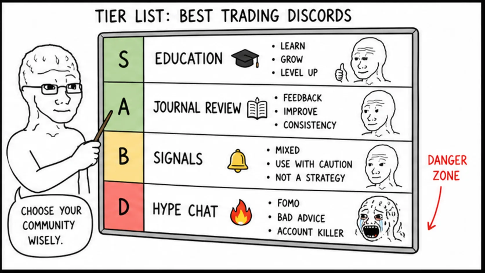 The Tier List: Best Trading Discords meme showing trading community quality and red flags