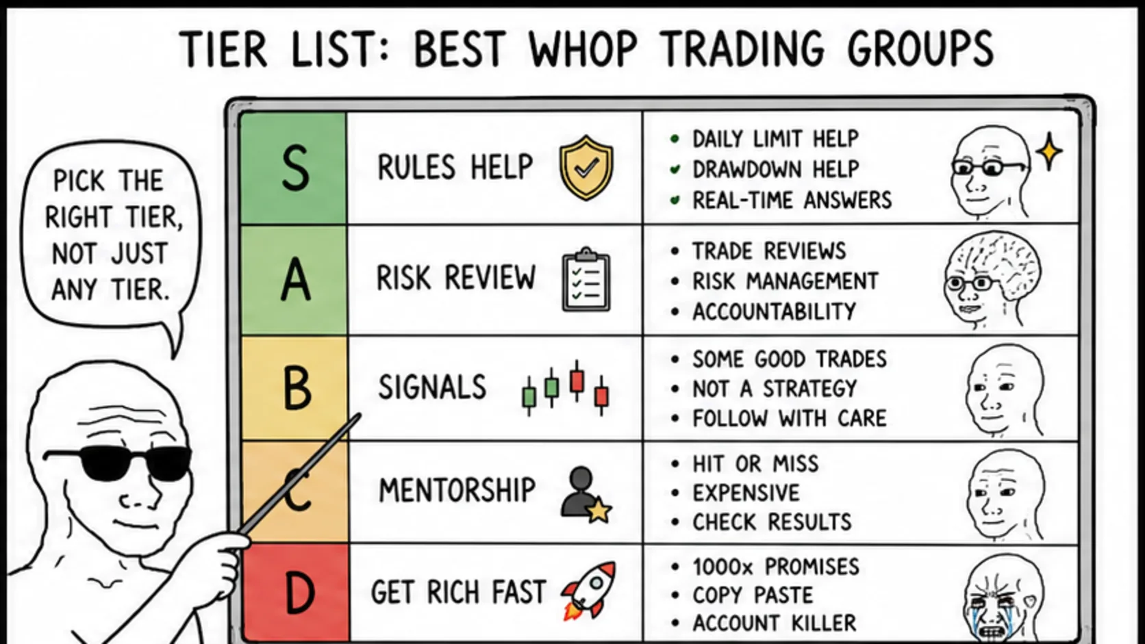The Tier List: Best Whop Trading Groups meme showing trading community quality and red flags